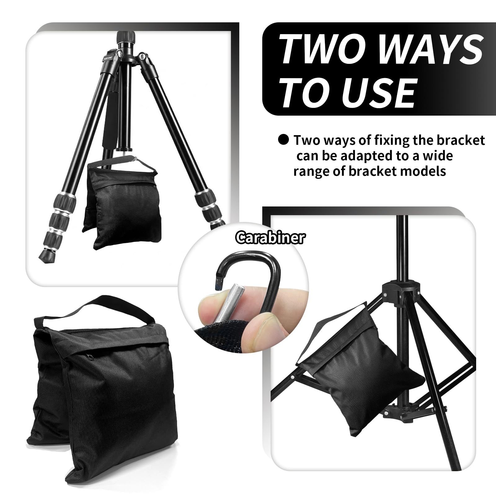 4 Stück Sandsack für Stativ Fotografie, 800D Nylon Gewichtssäcke mit Haken, Gegengewicht für Lichtstative, Studio, Video & Bespannung, Schwarz 57 x 27 cm