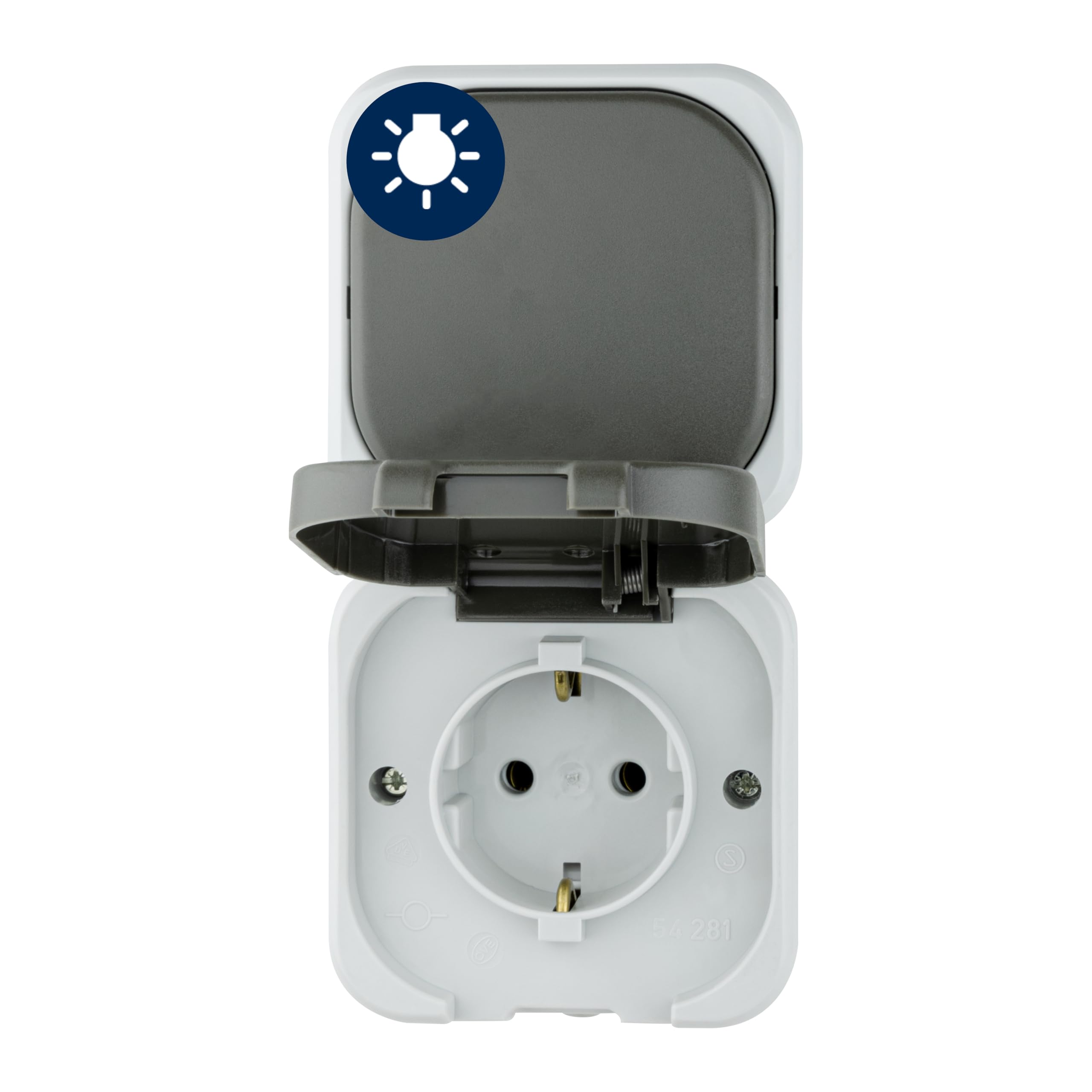 REV AquaTop Steckdose - A/W Schalterkombi, IP44, Aufputz, senkrecht, zweipolig, grau
