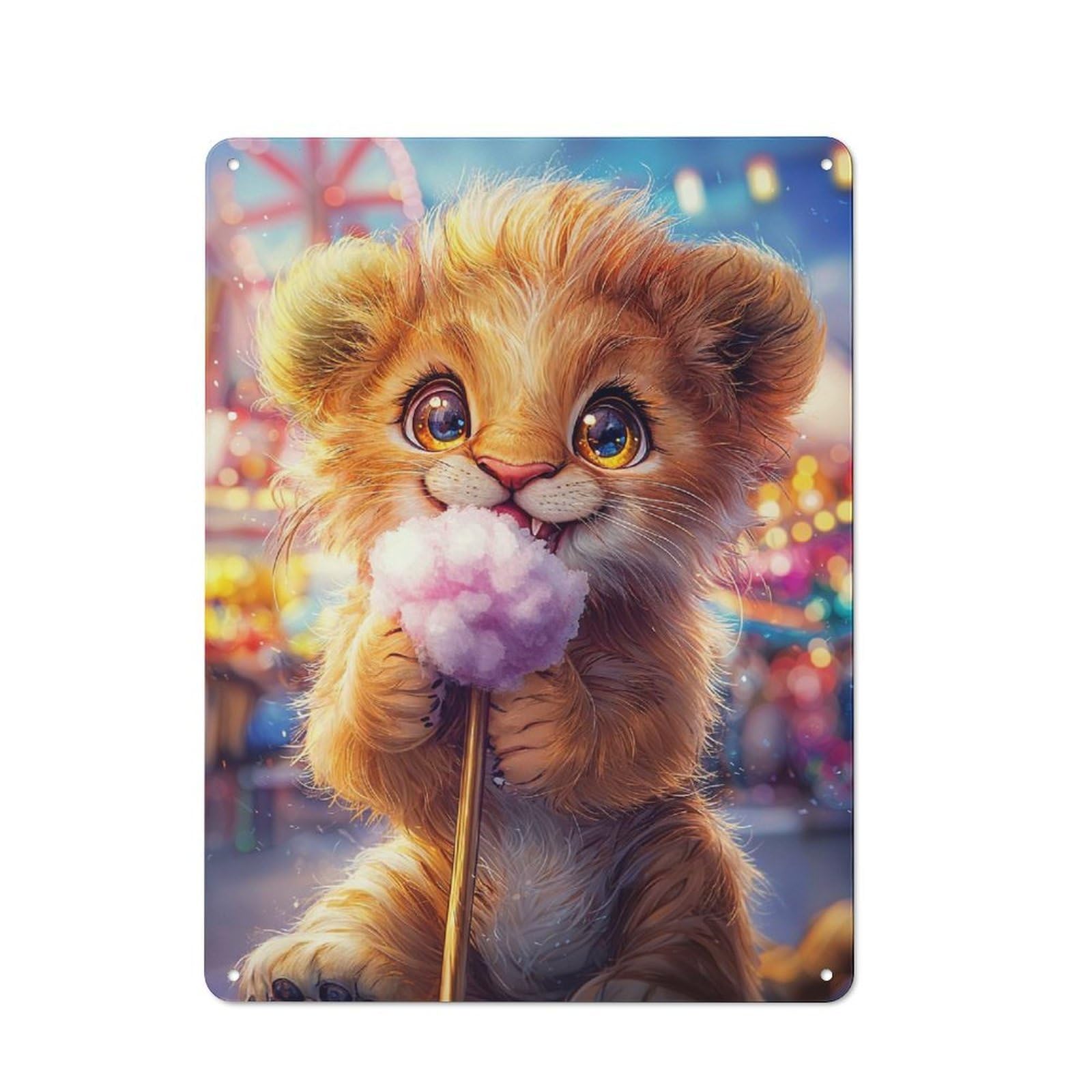 Junmoney Style-21 Cute Lion Cub With Cotton Candy Rustic Metal Plaque 40X30cm For Living Room Or Hallway, For Garage, Workshop And Man Cave Decoration