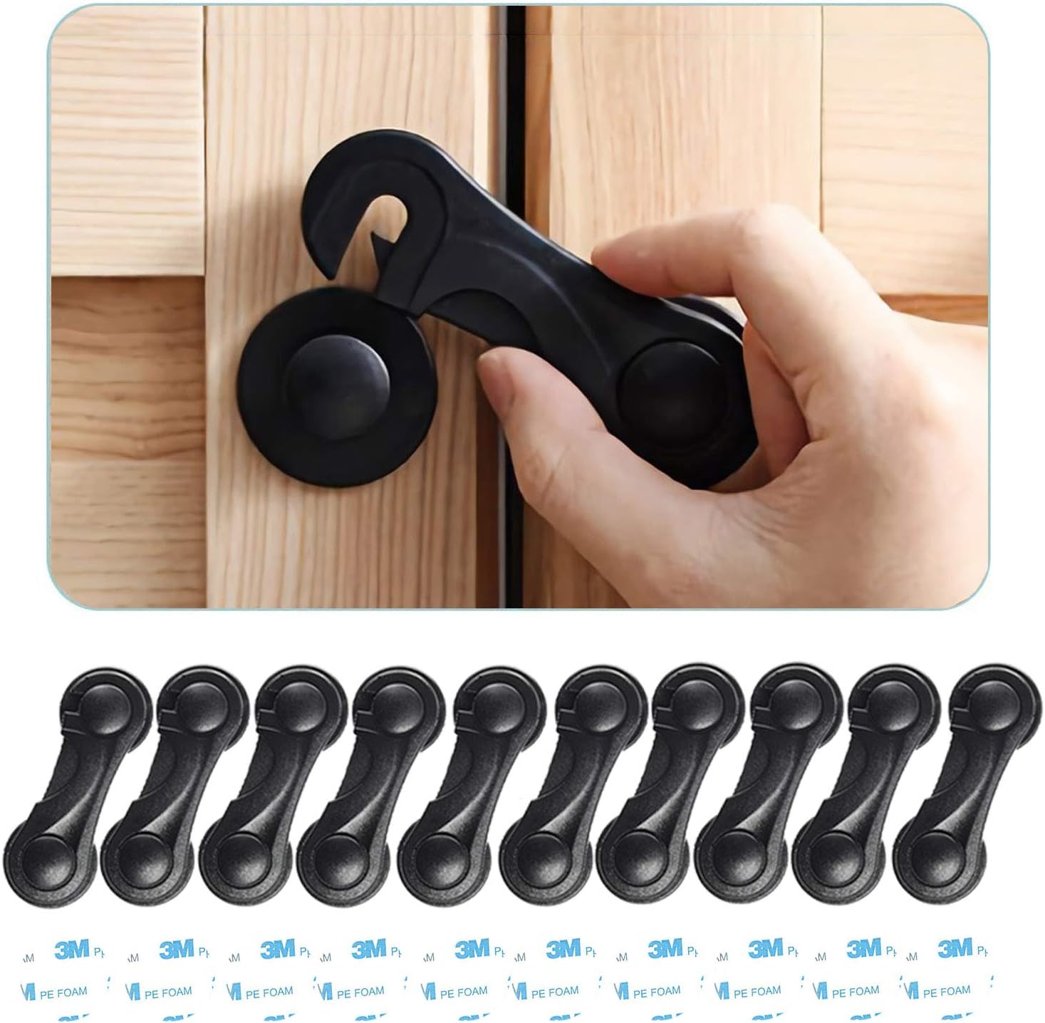 Child Safety Cabinet Locks (10 Pack) - Baby Proofing Latches Lock for Drawers, Toilet Seat, Fridge, Oven, with 10 Extra 3M Adhesives (Black)
