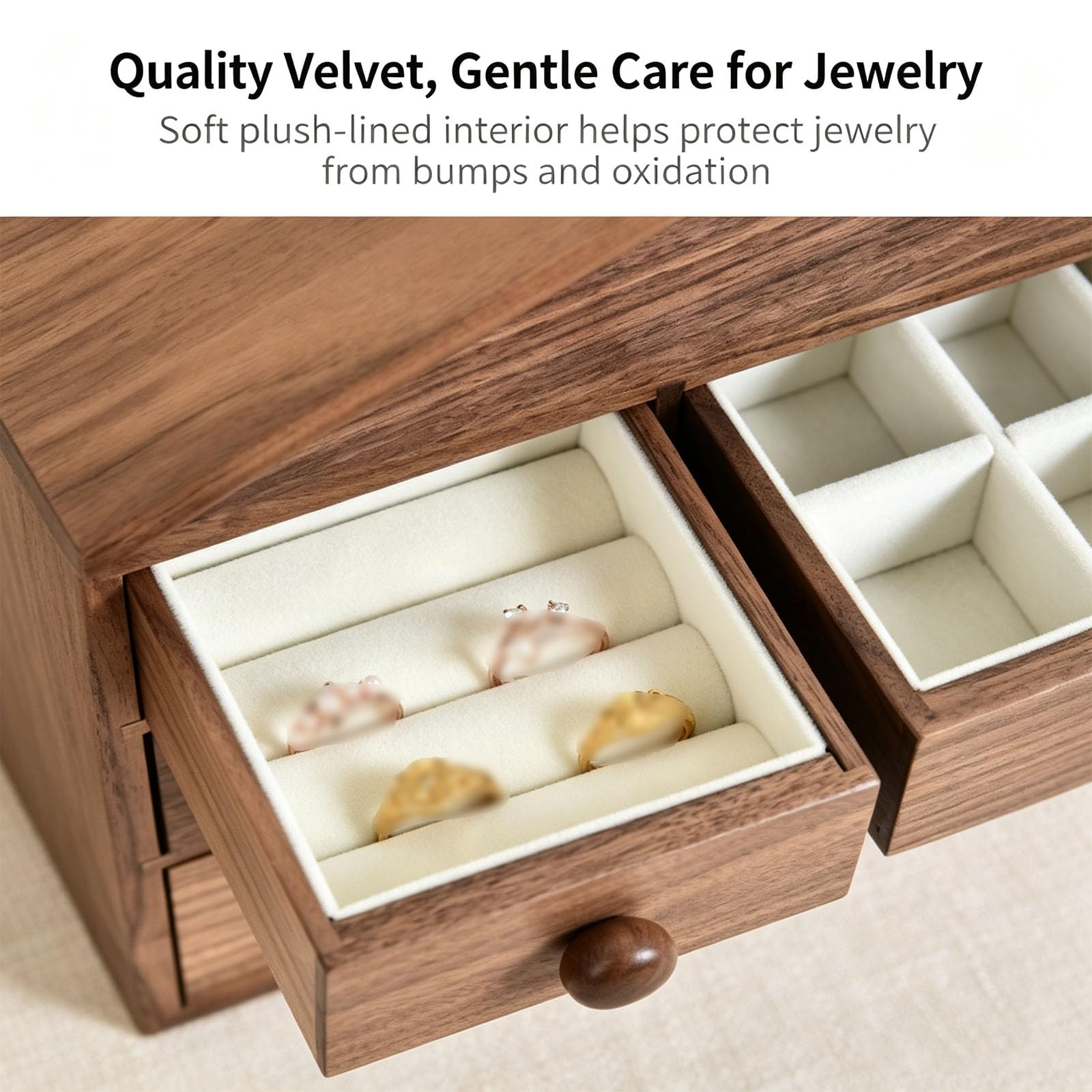 Joyero De Madera para Mujer, Organizador De Joyas De 3 Niveles con 4 Cajones, Gran Capacidad De Almacenamiento, Diseño De Casa, Forro Protector, para Anillos, Small Size