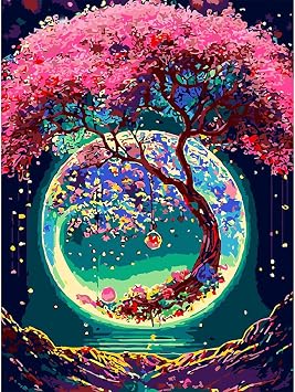 5D DIY Diamond Painting, 30x40cm Pink Blossom Tree Fantasy Art, Round Drill Craft for Adults, Dreamy Magical Wall Decor Gift