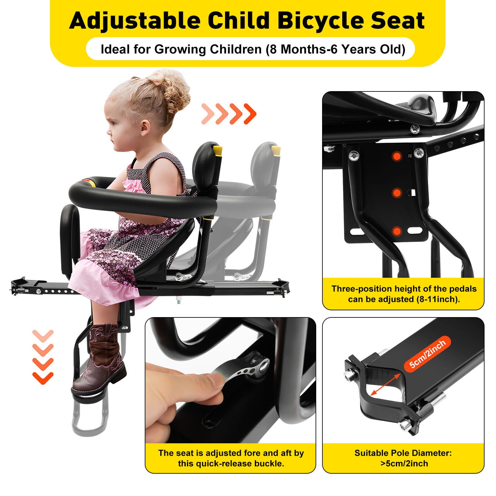 Seggiolino da bicicletta per bambini, con braccioli antiscivolo, rete di protezione e pedali, cintura di sicurezza imbottita