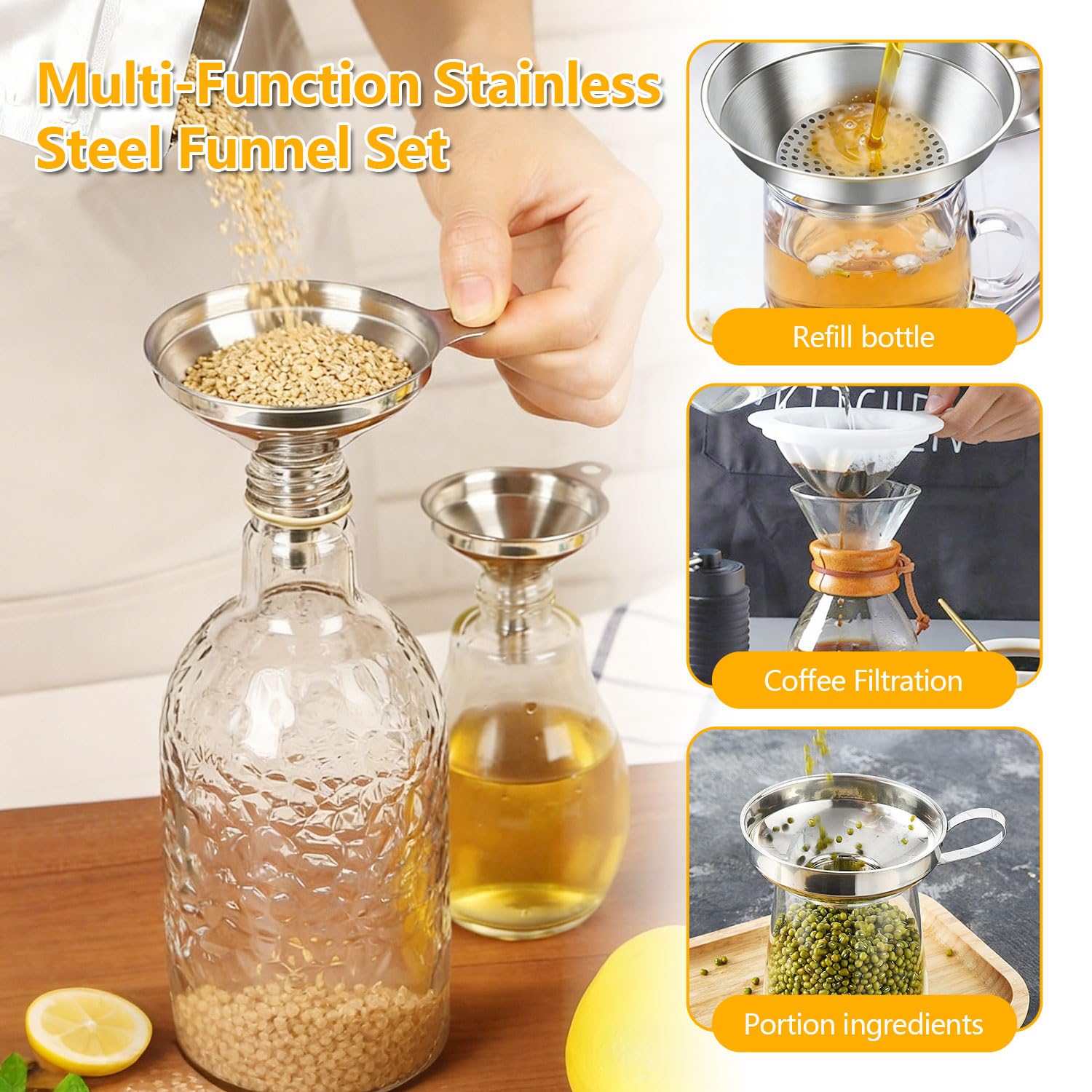10 Teiliges Edelstahl Trichter Set für die Küche mit Feinsieb und Reinigungsbürste Trichter Küche mit verschiedenen Durchmessern Abfüll und Filterwerkzeug für Marmelade Öl Wein und Flüssigkeiten