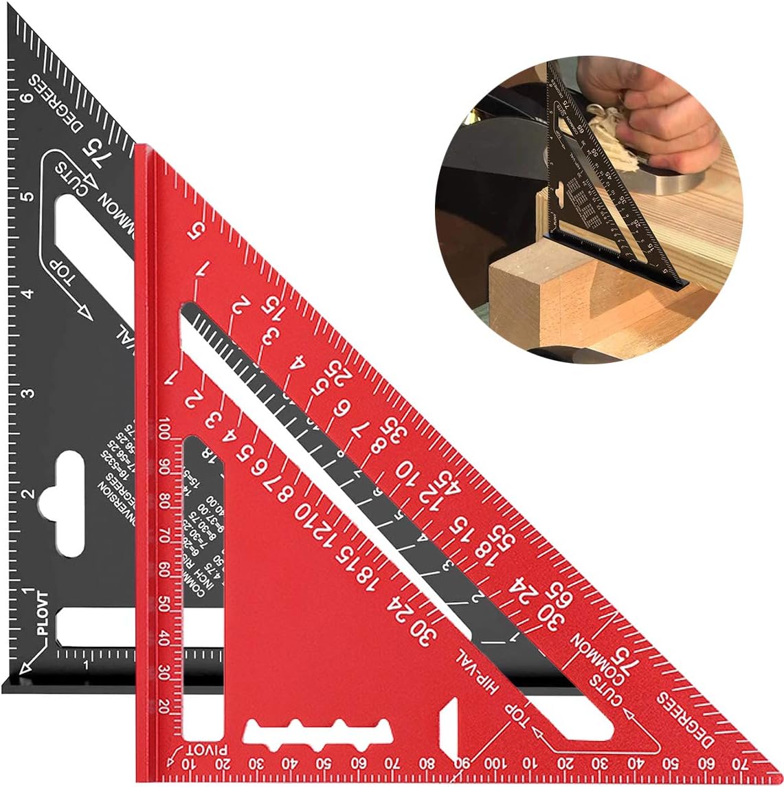 7 Inch Triangle Ruler,Yueser 2 Pcs Aluminum Alloy Square Protractor High Precision Measurement Ruler Tool for Engineer Carpenter (Black,Red)