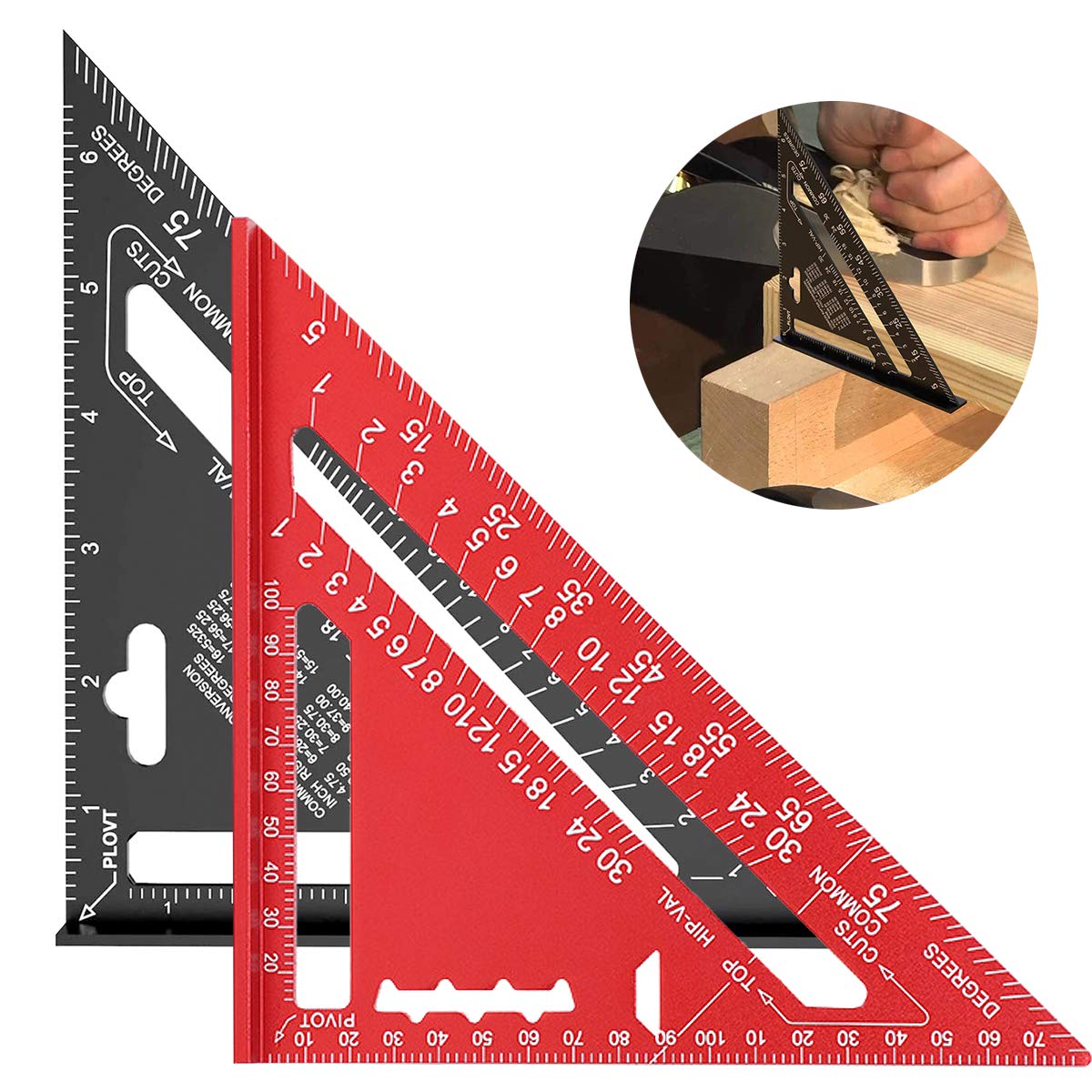 7 Inch Triangle Ruler,Yueser 2 Pcs Aluminum Alloy Square Protractor High Precision Measurement Ruler Tool for Engineer Carpenter (Black,Red)