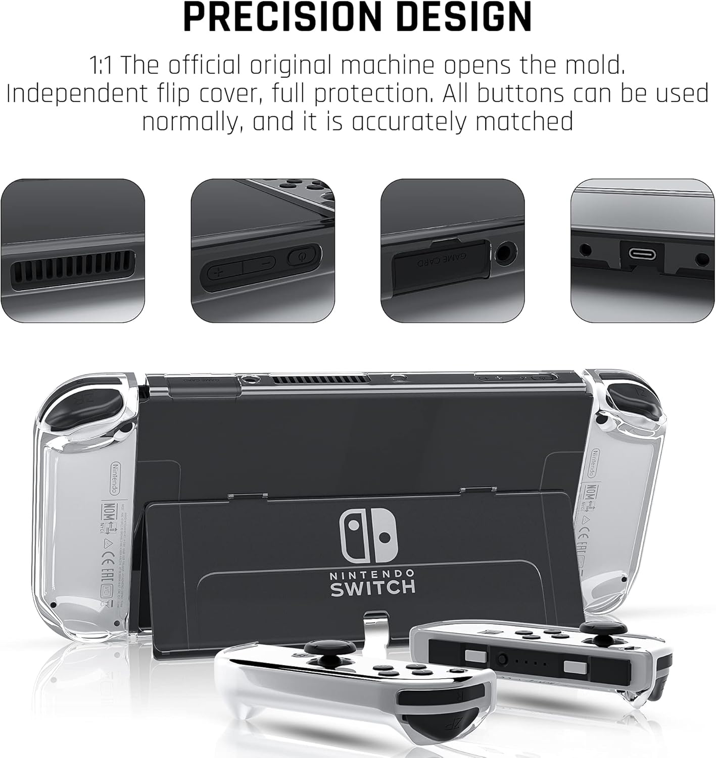 Improved Version - FANPL Transparent Case for Nintendo Switch OLED Model 2021, Protective Case Cover Compatible with Switch OLED, Clear Crystal Flip Shell with 1 Screen Protector 8 Thumb Grip Caps - Image 3