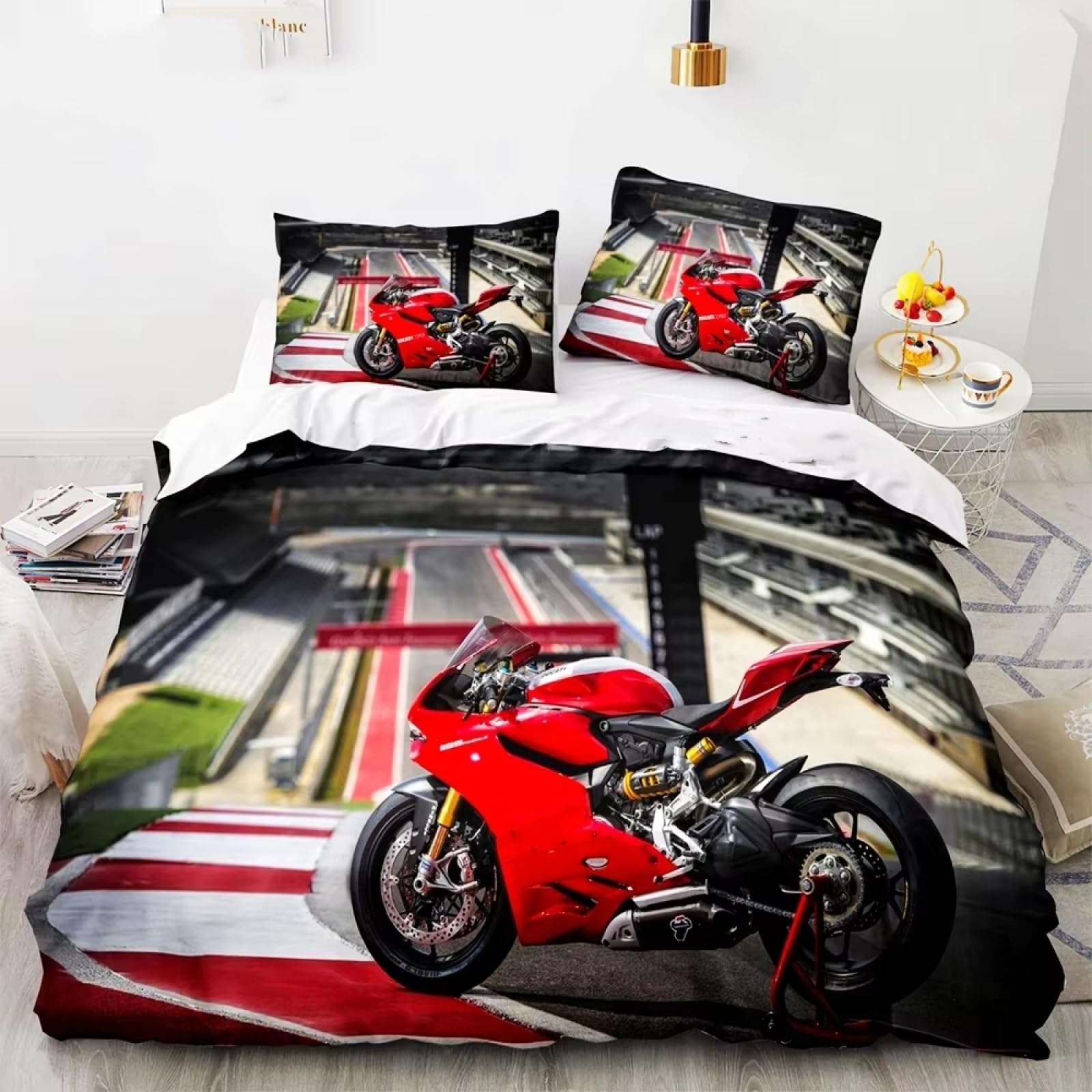 Zestaw pościeli na kołdrę w rozmiarze king size, czerwona, motocyklowa, z zamkiem błyskawicznym, zestaw pościeli dla dzieci, miękka, hipoalergiczna poszewka na kołdrę z mikrofibry, 230 x 220