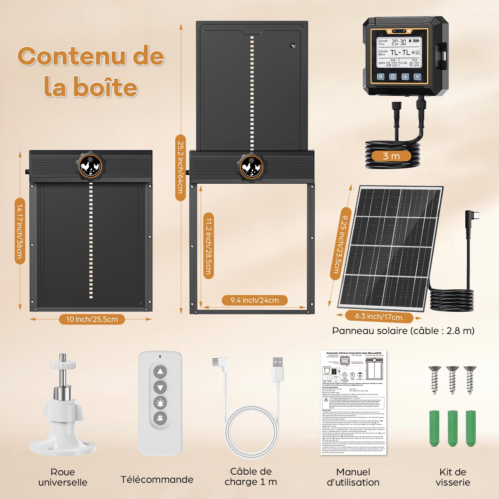 Tapa de pollo grande automática Solar, MASTERFUN Aluminio Gallina Automática con Sensor de Luz, Temporizador, Panel Solar de 7 W, Protección Inteligente, Puerta de Pollo Eléctrica