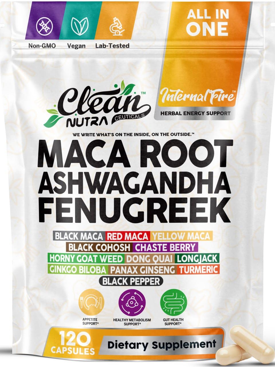 Clean Nutraceuticals Ashwagandha Maca Root Fenugreek Supplement with Tongkat Ali Ginseng - Assists with Stress, Mood & Thyroid - Ashwagandha Capsules Fenugreek Caps (120 Count (Pack of 1))