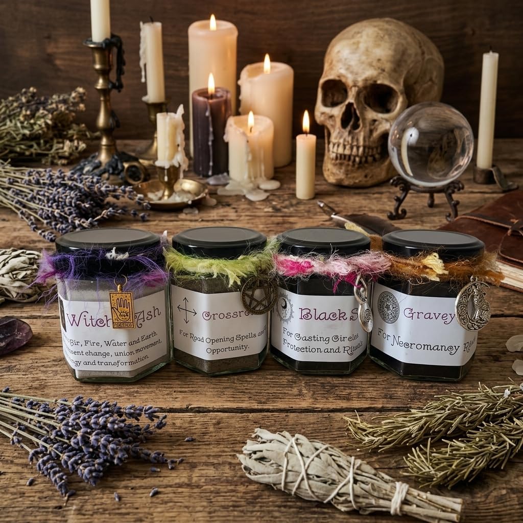 Witchcraft Ritual Kit - Graveyard Dirt, Black Salt, Crossroads Dirt & Witch's Ash Set - 4 Jars for Protection, Banishing, Divination & Spell Casting - Wiccan Altar Supplies & Pagan Gifts