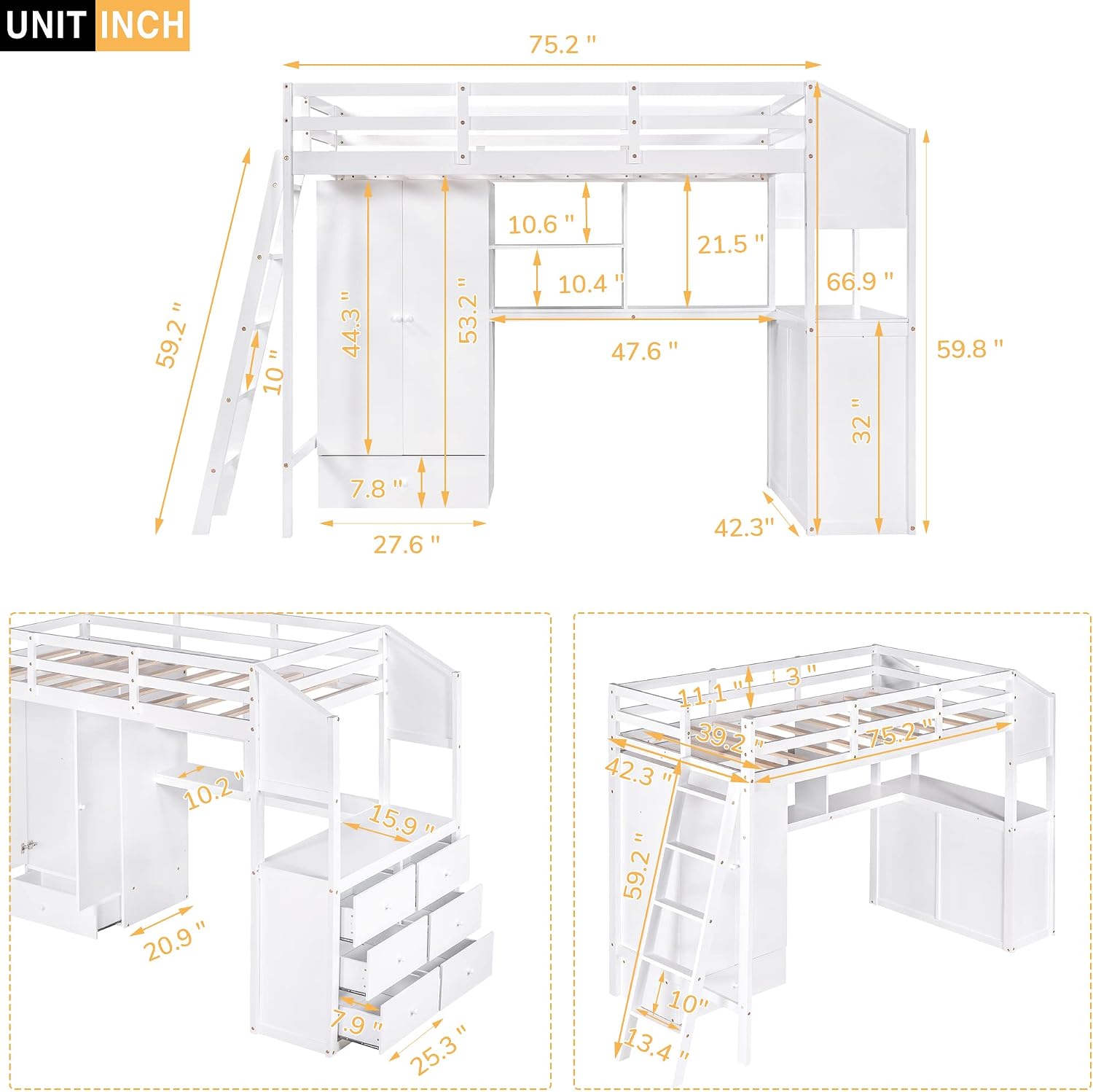 Twin Loft Bed with Desk and Wardrobe Wood Loft Bed with 6 Storage Drawers and Shelves, High Loft Bed with Ladder for Kids Boys Girls Teens, White
