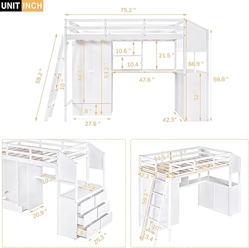 Miniatura 2 de DEINPPA Cama tipo loft de tamaño individual con armario y armario marco de cama tipo loft de madera con cajones y estantes para niños niñas