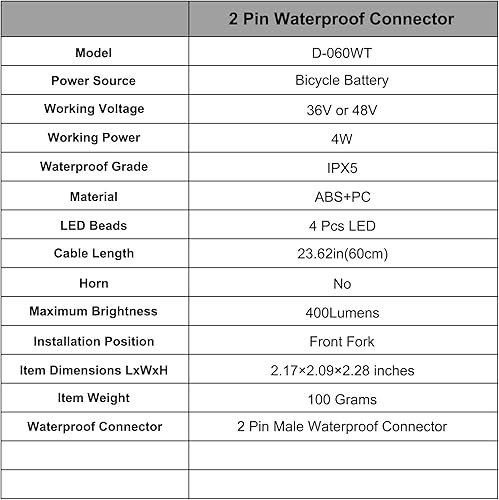 Miniatura 7 de Faro eléctrico para bicicleta, 4 piezas LED de 400 lúmenes, compatible con 24 V, 36 V, 48 V, conector impermeable de 2 pines, luz delantera de