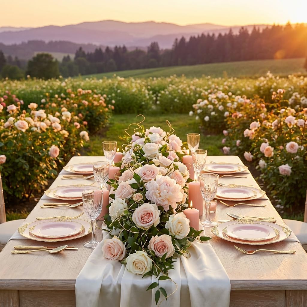 125PCS Pink and Gold Plastic Plates - Pink Disposable Plates - Vintage Plate with Gold Plastic Silverware Set for 25 Guests for Weddings Baby Shower Parties - Image 5