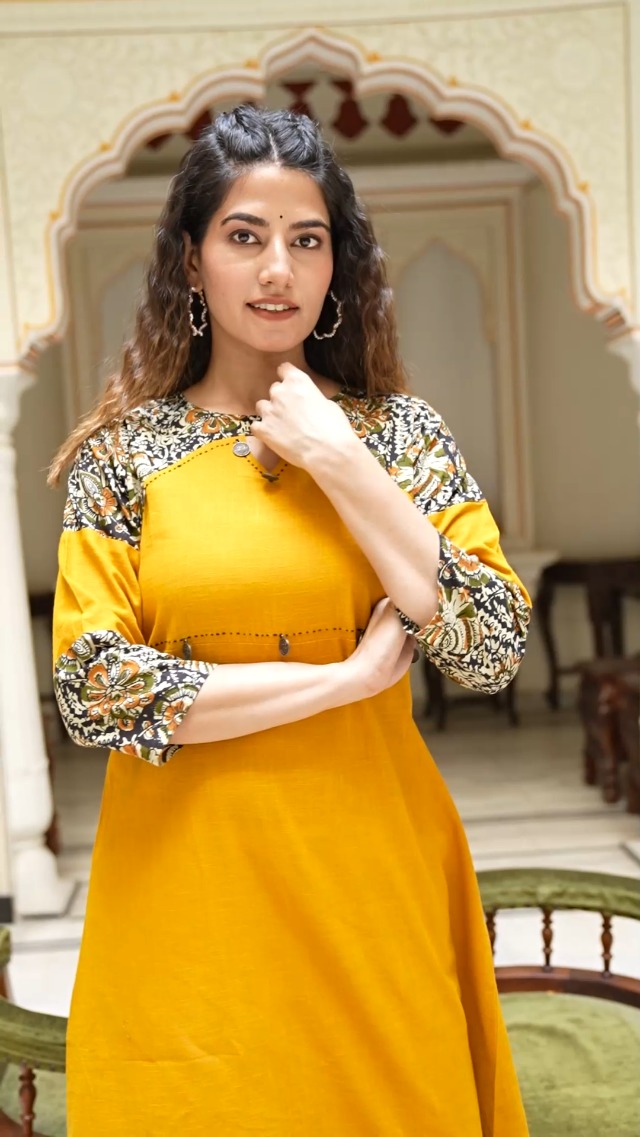 Yash Gallery Women's Mustard A-Line Kurta - Cambric Cotton, Mirror Work, 3/4 Sleeves (Medium, 46" Length)