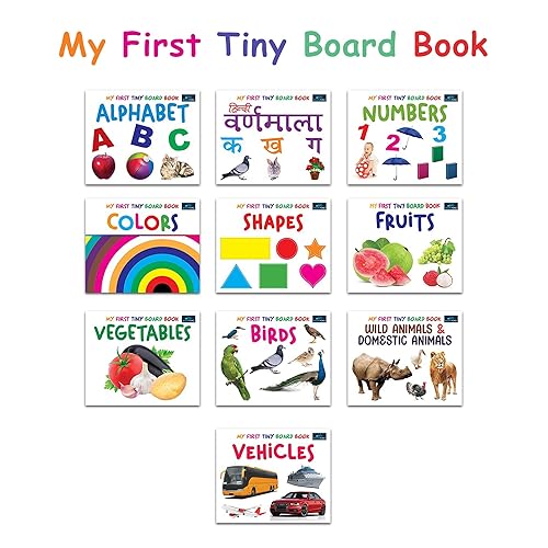 BookFord My First Tiny Board Book for Kids (Set of 10) - Alphabet, Birds, Colors, Shapes, Hindi Varnamala, Fruits, Vegetables, Numbers, Wild Animals &amp; Domestic Animals - 6 months to 6 years Kids