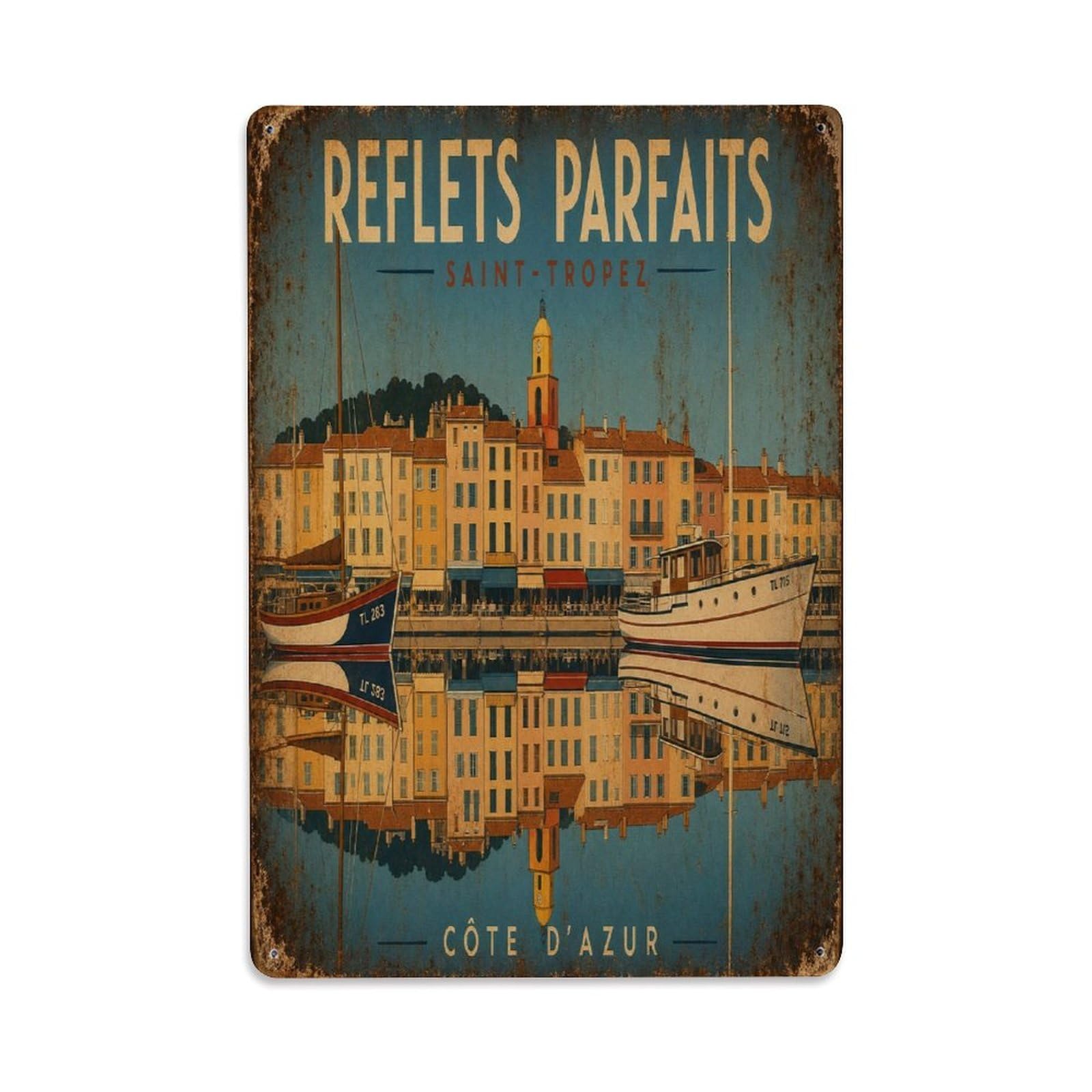 France Harbor Maritime Travel Coastal Boats Metal Tin Sign Plaque Wall Decor for Cafe, Man Cave, Club Bar, Office, Home Garden Round Metal Poster 8x12Inch