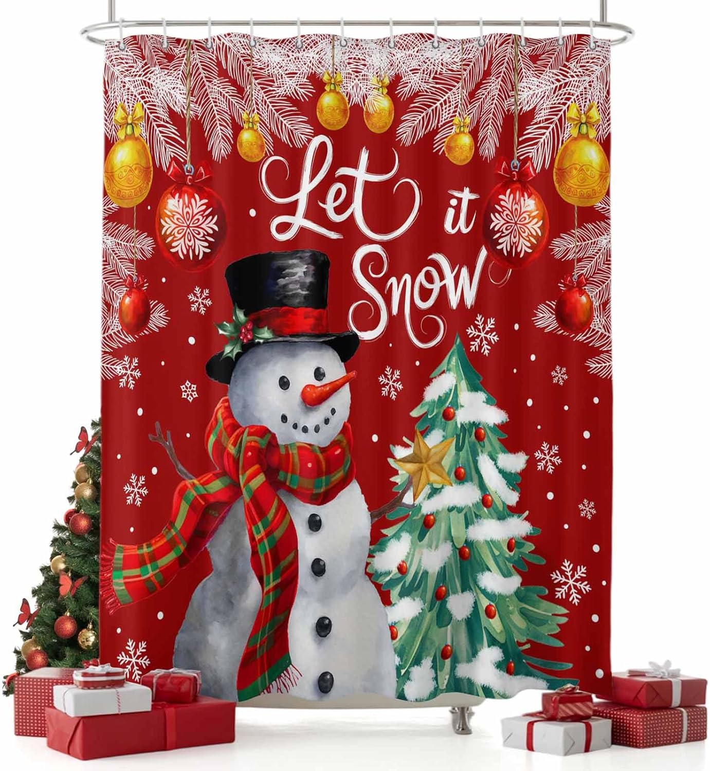 Christmas Shower Curtains for Bathroom Blue Gnome Xmas Balls Fabric Shower Curtain with Hooks Holly Snowflake Wood Grain Shower Curtain Set Holiday Bathroom Curtains Decor Waterproof 72 x 72 Inches