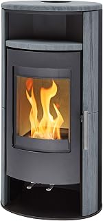 H&M Kaminofen Basic 2.0 gussgrau Naturstein 7kw Holzkamin modern runde Sichtscheibe langlebig Tür und Feuerraumboden aus Guss Speicherverkleidung Mehrfachbelegung