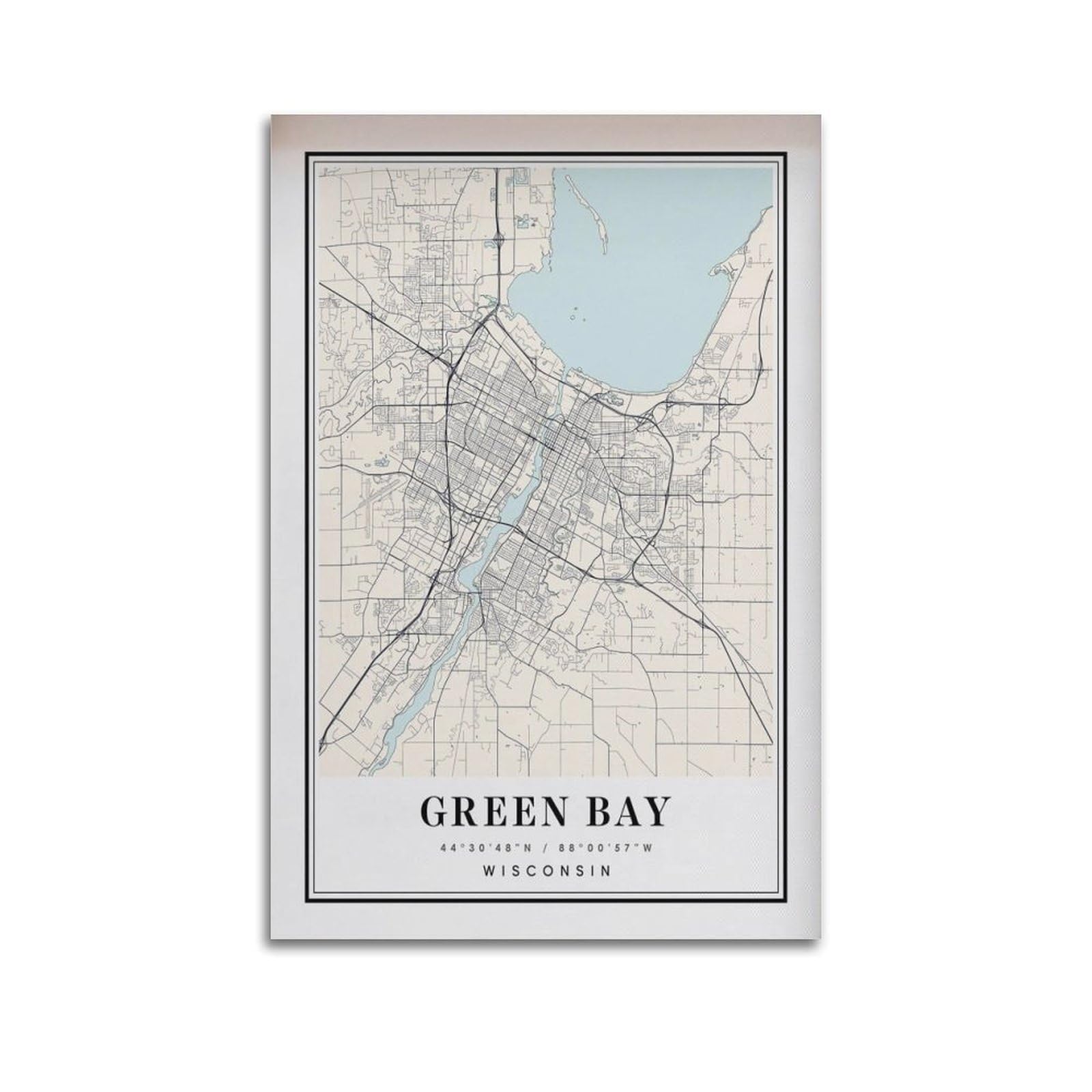 xiaoxiaoshen Green Bay Wisconsin Map Canvas Poster Wall Art Prints Room Aesthetic Murals Bedroom And Living Decorations 24x36inch(60x90cm)