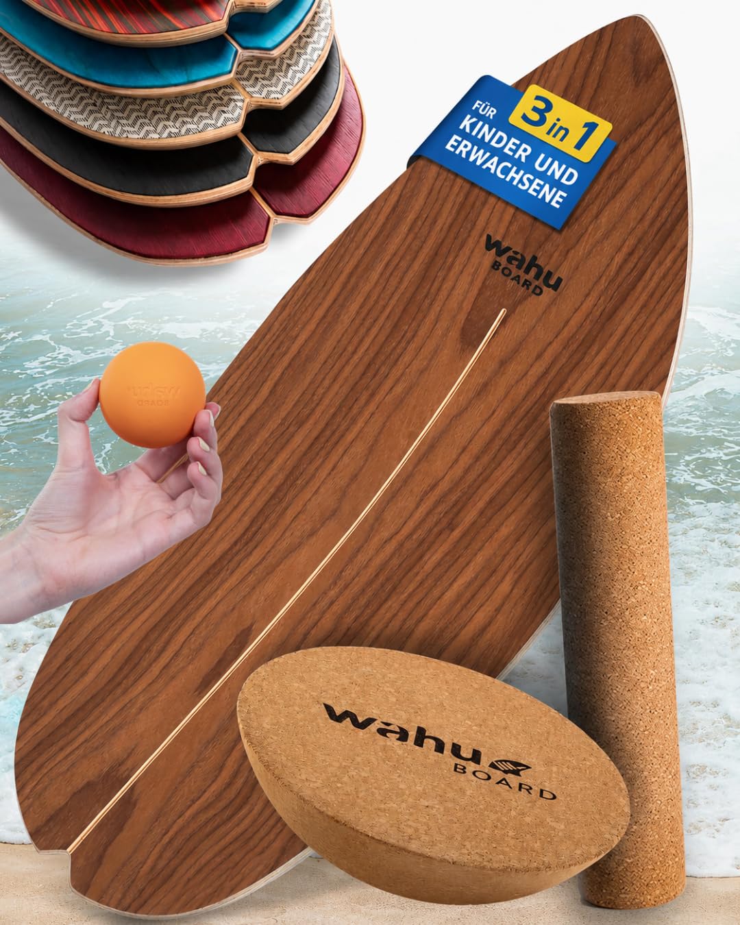 WAHU Balance Board - einzigartiges Board inkl. Halbkugel und Rocker Shape - Surf Balance Board - Gleichgewichtstraining für Kinder und Erwachsene - Board 100% Echtholz