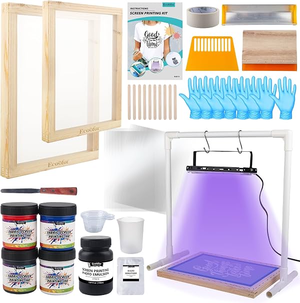 Ecoofor Kit de serigrafía todo en uno de 47 piezas con lámpara de exposición UV de 50W, 2 tamaños de marcos de madera para serigrafía, 4 colores de tinta para serigrafía, 10 películas transparentes A4 y herramientas