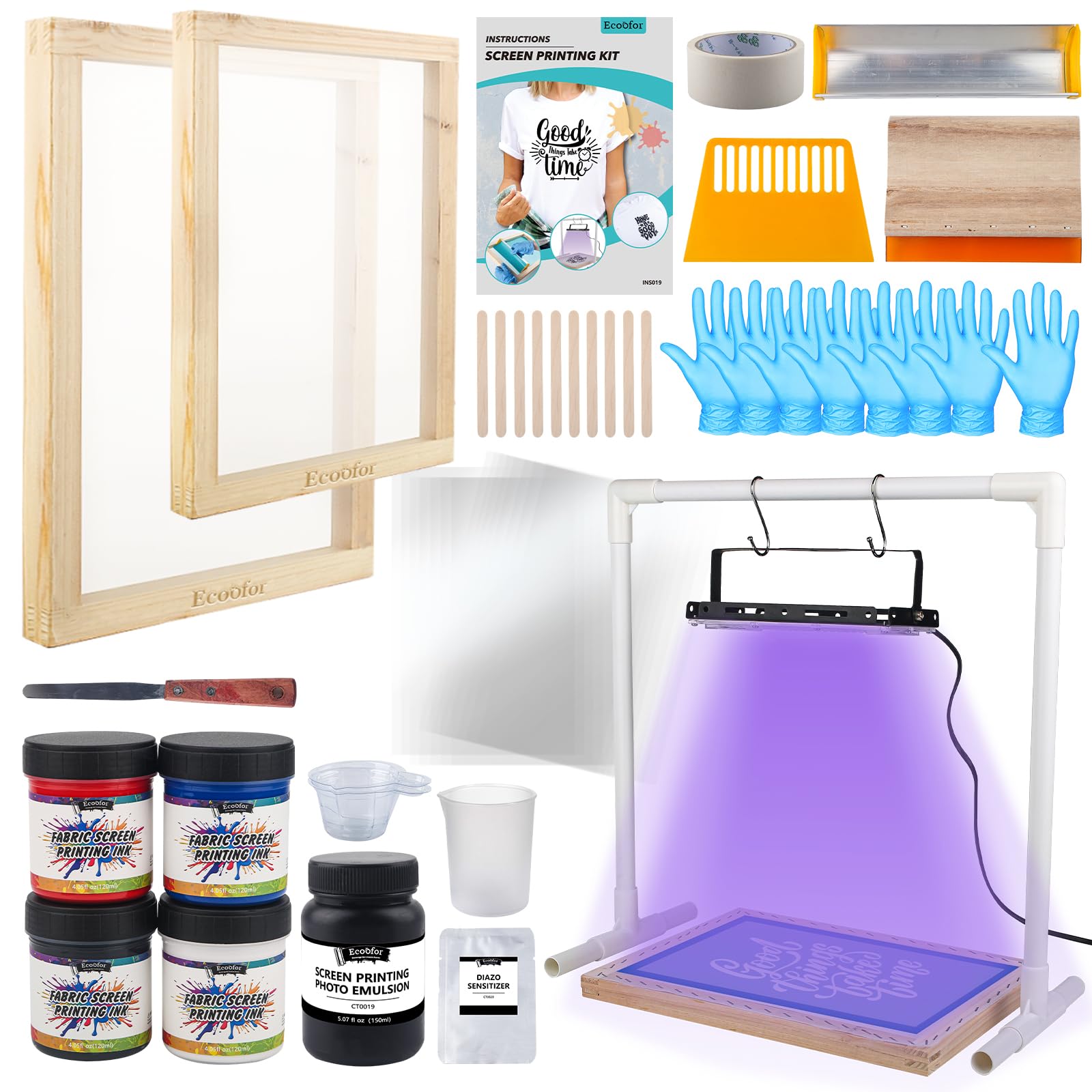 Kit de serigrafía Ecoofor de 47 piezas con lámpara UV de 50 W, marcos de madera para serigrafía de 2 tamaños, 4 colores de tinta, 10 transparencias A4 y herramientas.