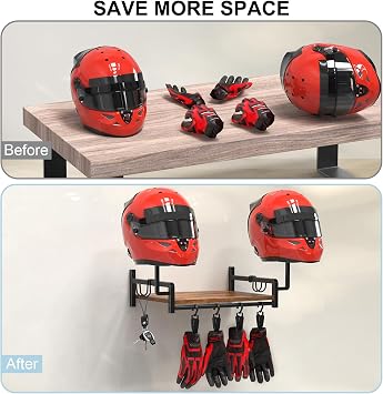 Helmet Rack Wall Mount, Motorcycle Helmet Holder, Plate Rack Display Organizer for Motorcycle Accessories, Gear Storage Rack with 4 Glove Clips, Wood & Metal Stand with 4 Side Hooks, Brown