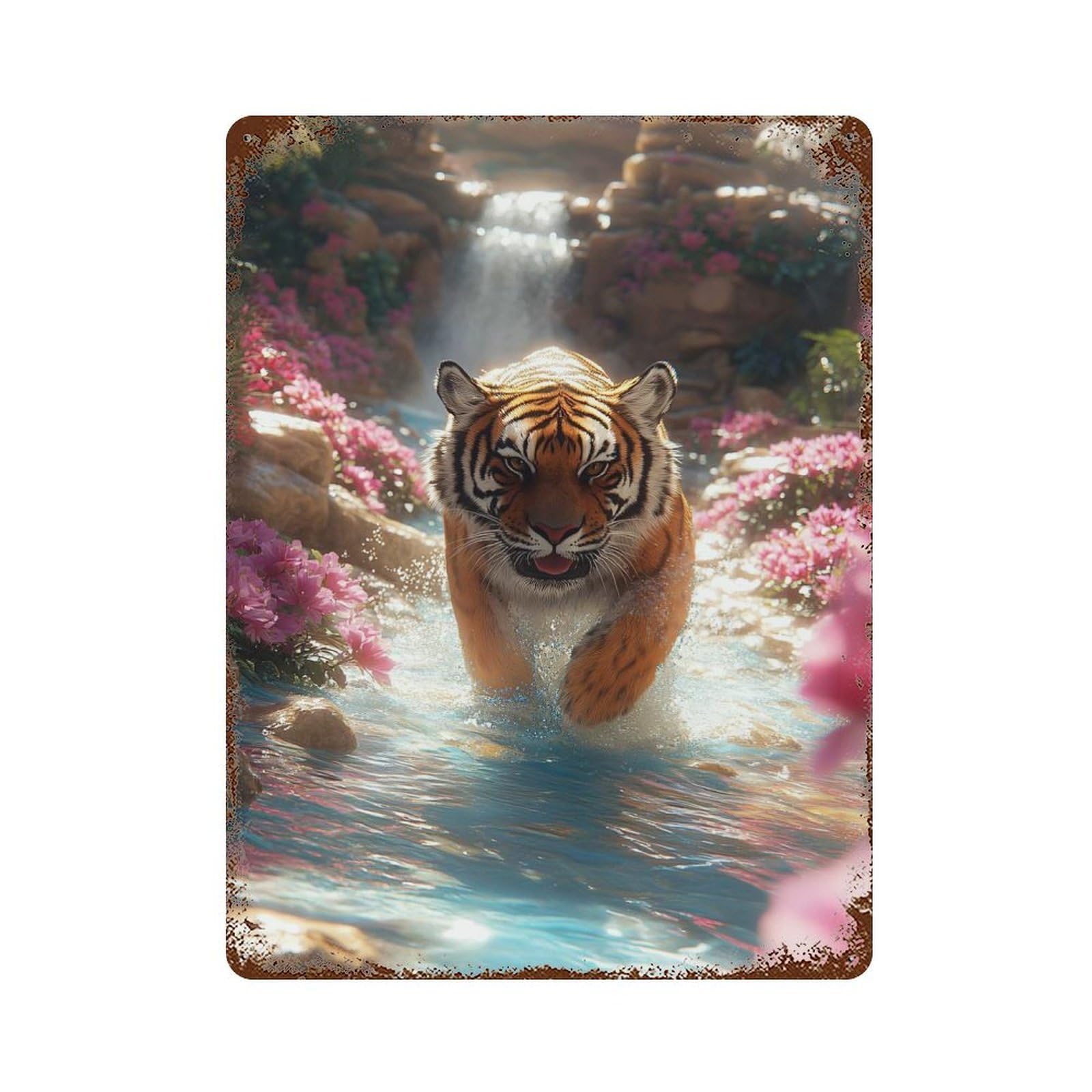 Tiger in Waterfall Paradise Vintage Metal Tin Sign 15.7"x11.8", Farmhouse Wall Decor for Garage, Bar And Workshop Decor