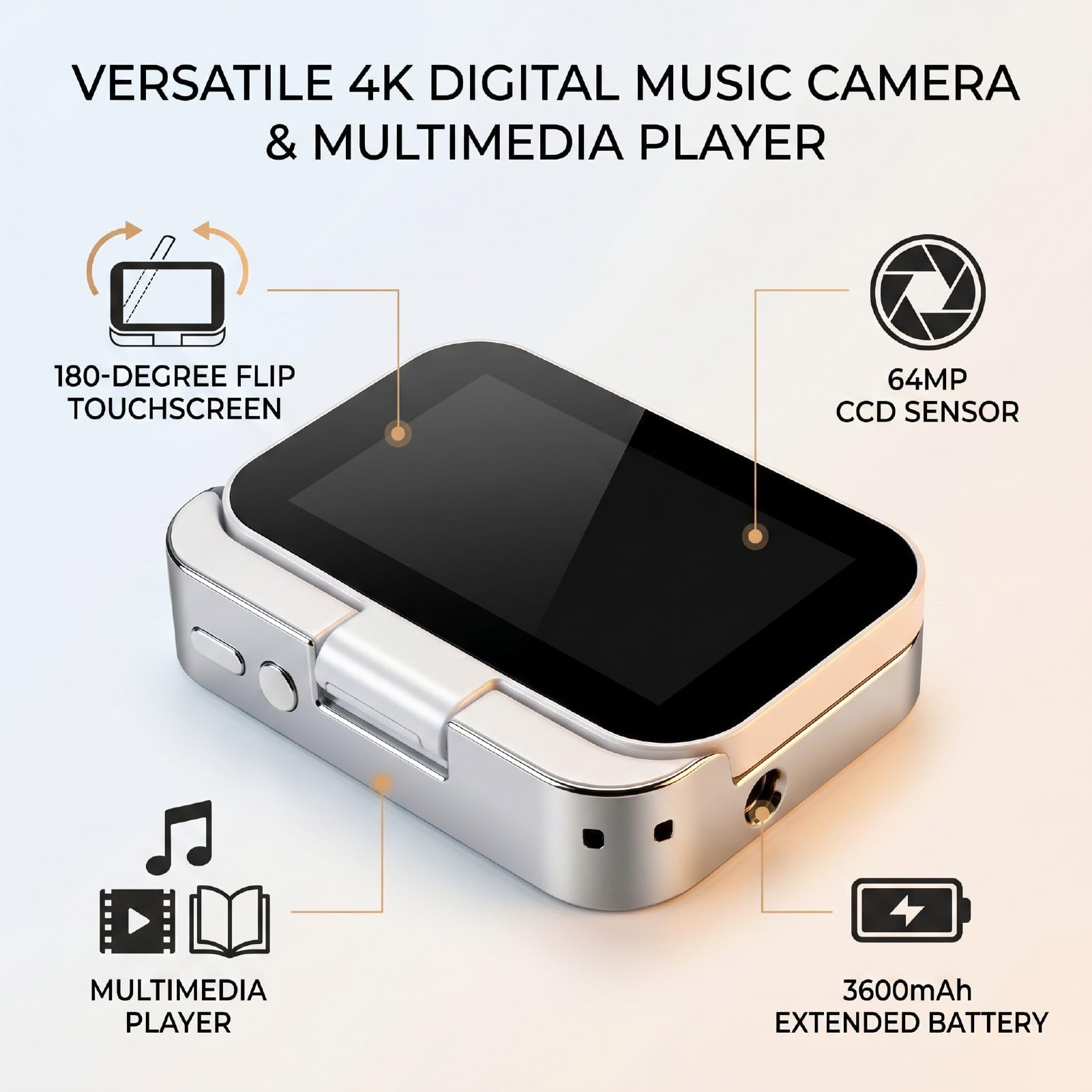 LICAEVEY 4K-Digitalmusikkamera, 64MP CCD-Kamera (Black) | 3-Zoll-180-Flip-Touchscreen mit 3600-mAh-Akku, OTG-Anschluss für Selfie-Beauty-Modus und Unterhaltung