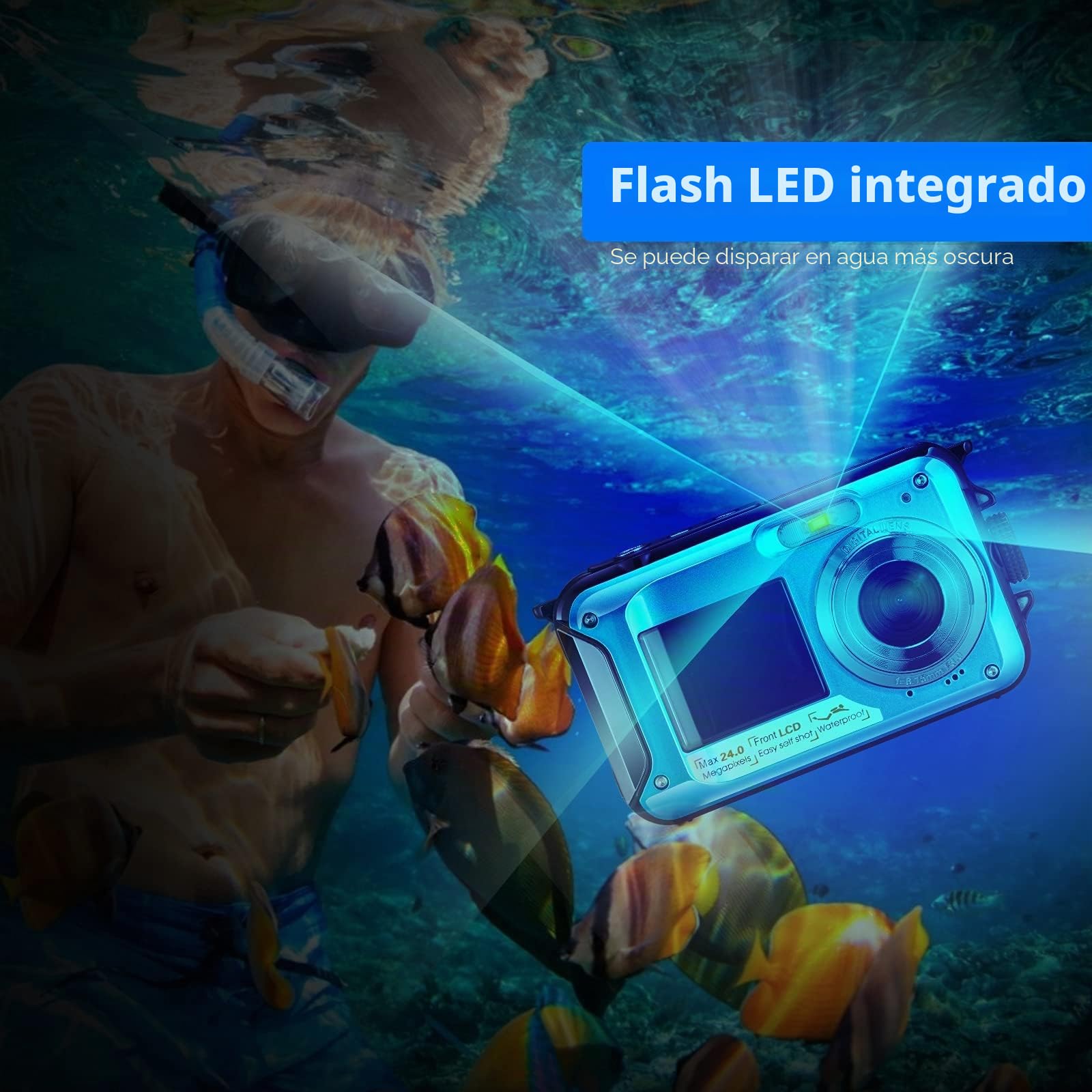 Cámara Acuatica, Aomdom FHD 2.7K 24MP Cámara Subacuática con Zoom Digital 16X, Cámara Digital a Prueba de Agua Pantallas Duales micrófono, LED y Temporizador para niños y Principiantes