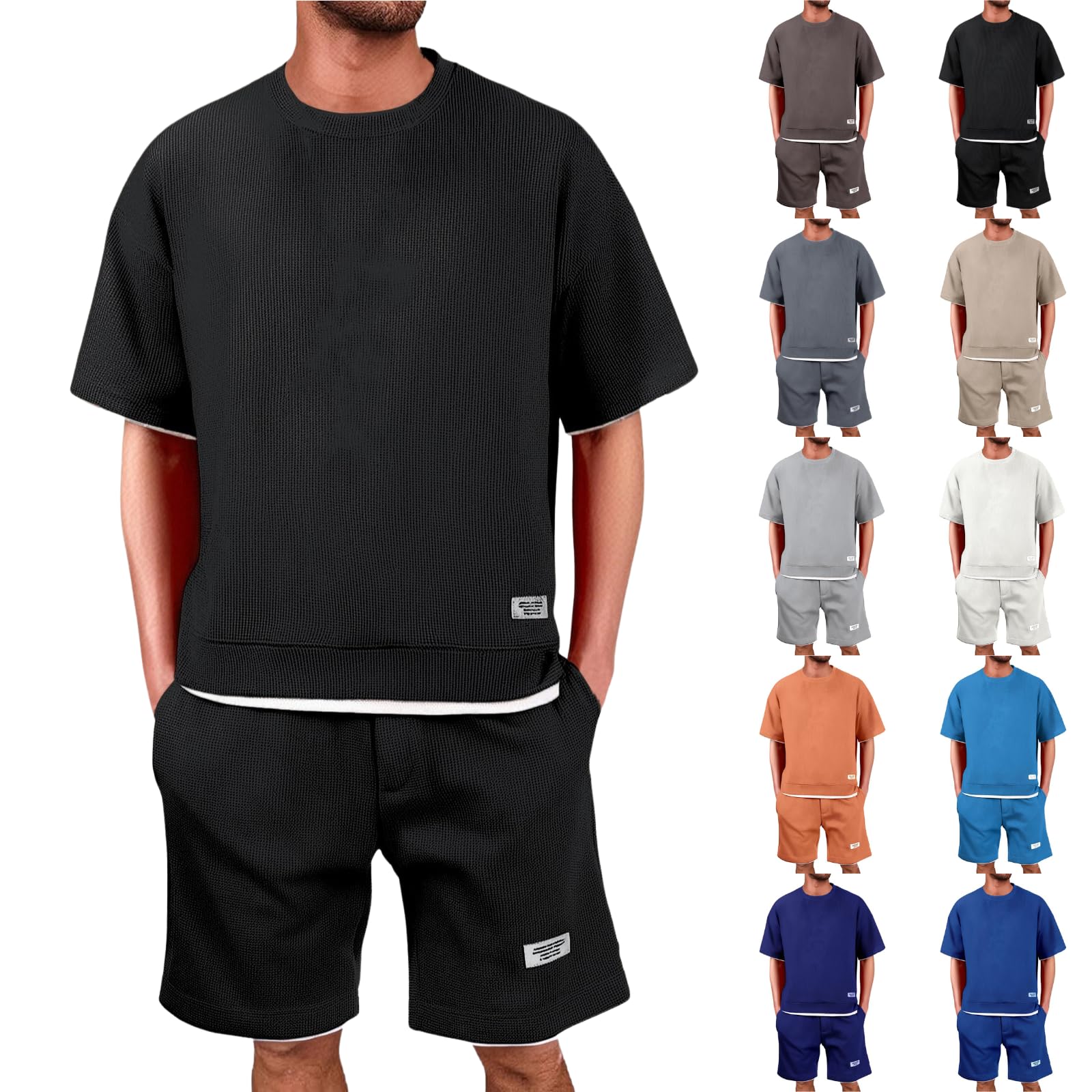 Herren Jogginganzug Set Sommer 10 Teiliges Waffle Outfit Poloshirts Kurzarm Einfarbig Strick Kurze Hose Zweiteiler Elastischer Taille Baggy Freizeitanzug Trainingsanzug Kurz Fitness Kleidung