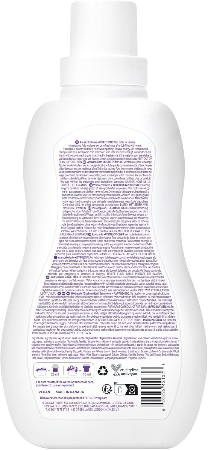 ATTITUDE Baby Fabric Softener, Plant and Mineral-Based Ingredients, HE Compatible, Vegan and Cruelty-free Laundry and Household Products, Sweet Lullaby, 40 Loads, 33.8 Fl Oz - Image 7
