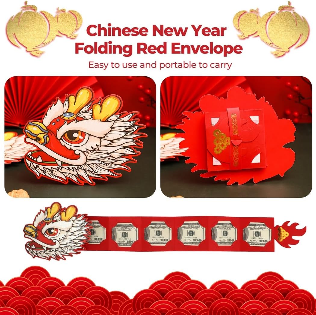 10 шт. складных красных конвертов к китайскому Новому году 2024 Dragon Hong Bao складной красный конверт с 6 отделениями для купюр конверты для счастливых денег на Весенний фестиваль свадьбы