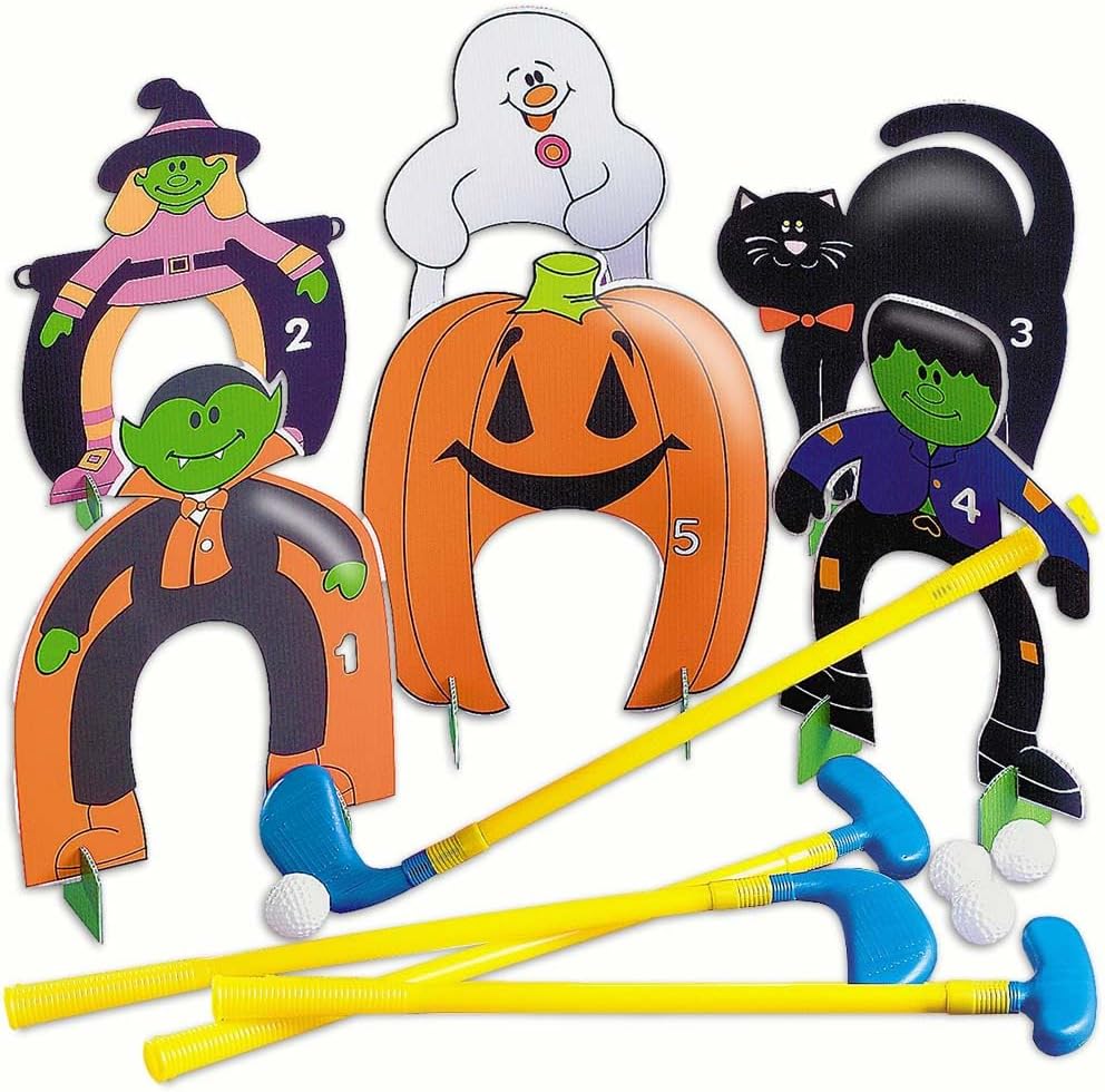 Fun Express Halloween Mini Golf Set for Kids Complete 26-Piece Party Game with 4 Clubs, Balls & Spooky Markers | Indoor Outdoor Halloween Activities for Trunk or Treat, Fall Festival & Carnival Games
