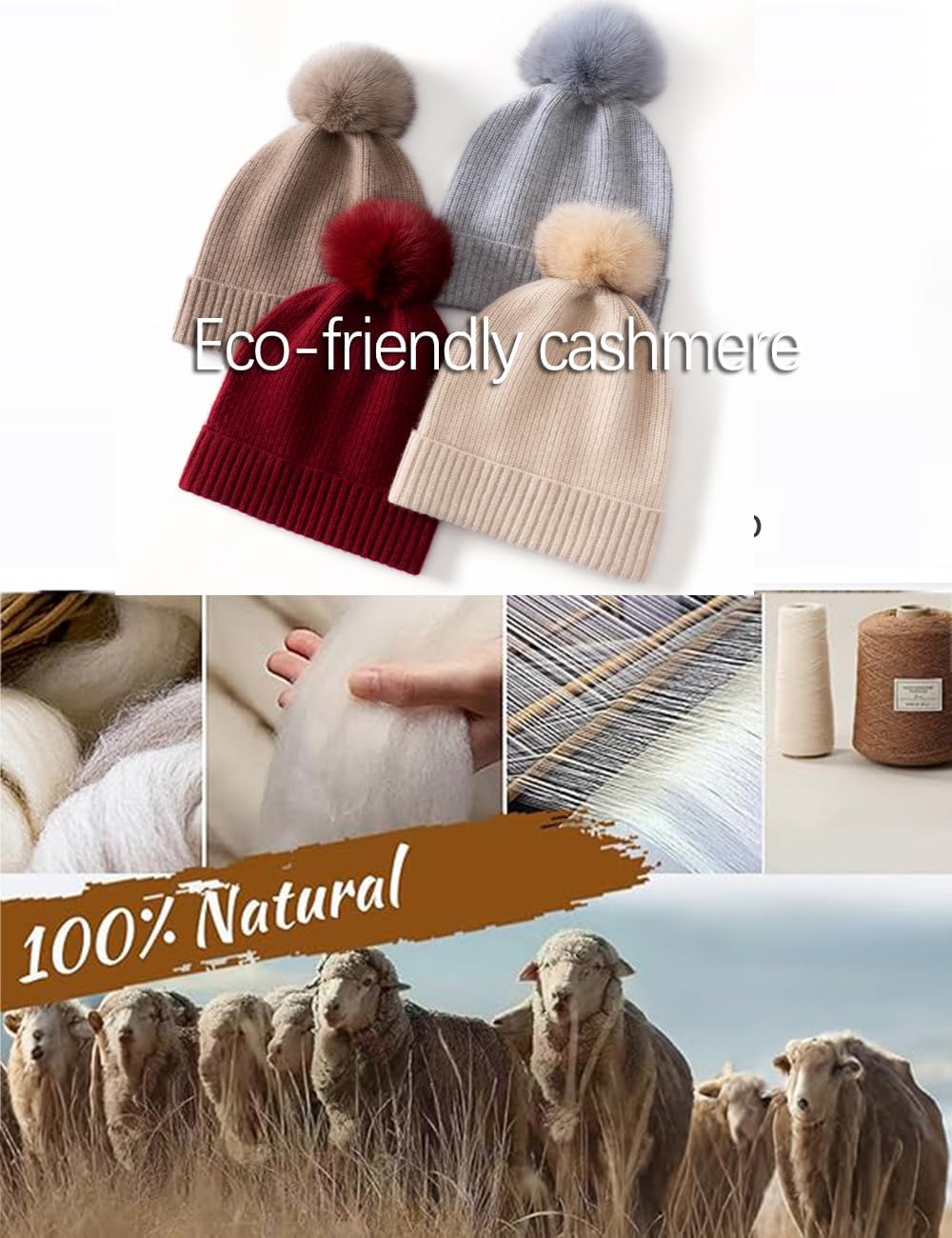 Women 's 100% Cashmere Beanie, Luxury & Soft,Winter Hat with Detachable Faux Fur Pom SL-8008