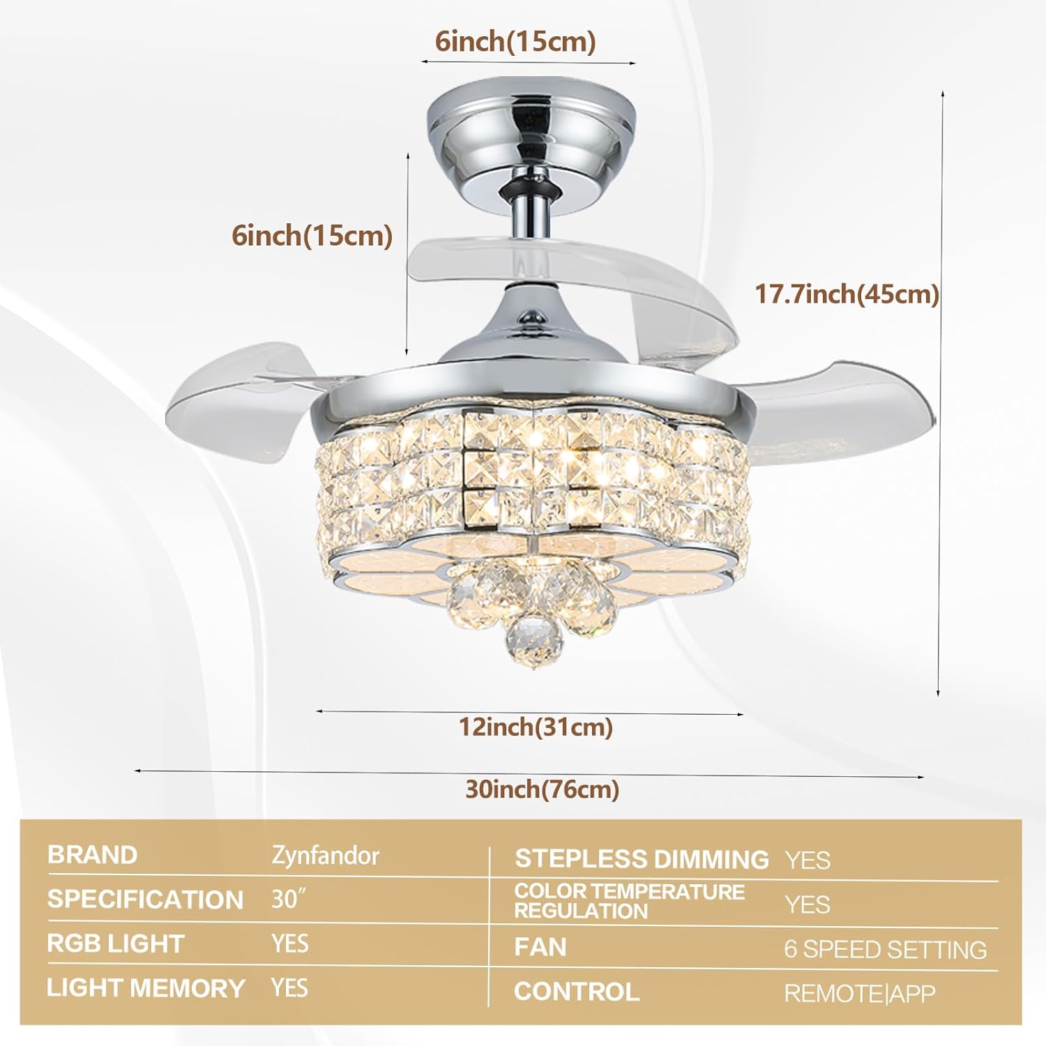 30" RGB Crystal Retractable Ceiling Fan with Light Dimmable LED Chandelier, Remote & App Control, 6-Speed Timer, Memory Function for Bedroom Living Room,Silver