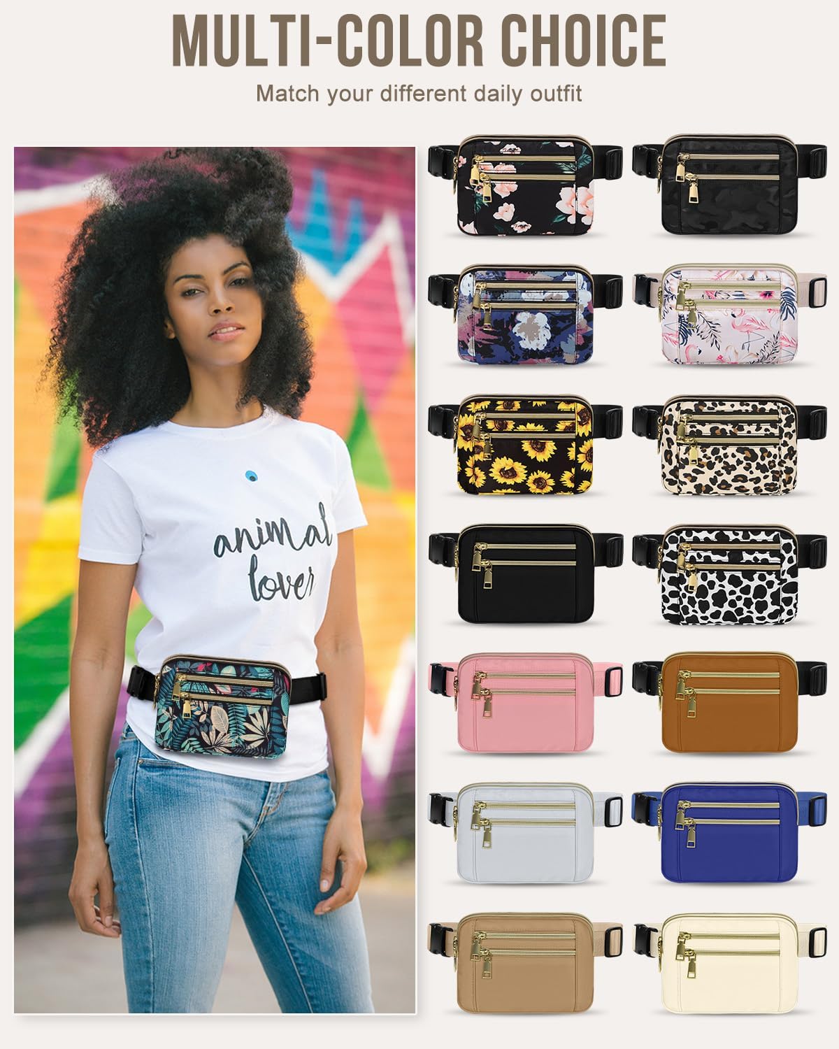 Capolo Fanny Packs for Women Fashion Waist Packs Bag with Adjustable Strap and 4 Zipper Pockets Waterproof Everywhere Crossbody Belt Bag for Workout Running Travelling(Blue Leaves) - Image 6