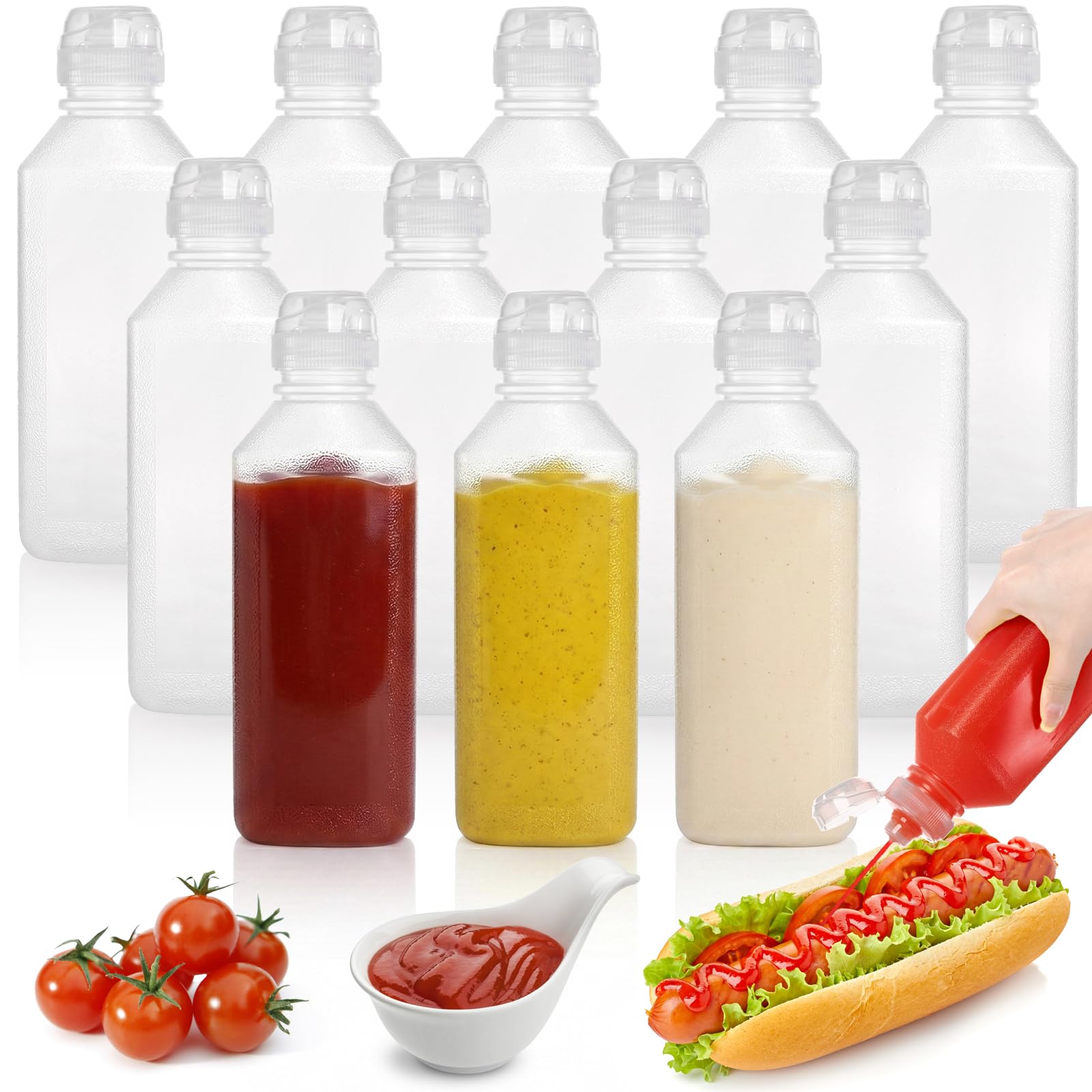 WRINGKIT 12 Pack Reusable Condiment Squeeze Bottles, 500ml / 16 Oz Ketchup Mustard Bottles with Caps Scale, BPA-free Leak-proof Squirt Bottles for Sauces, Oil, Salad Dressings, Honey