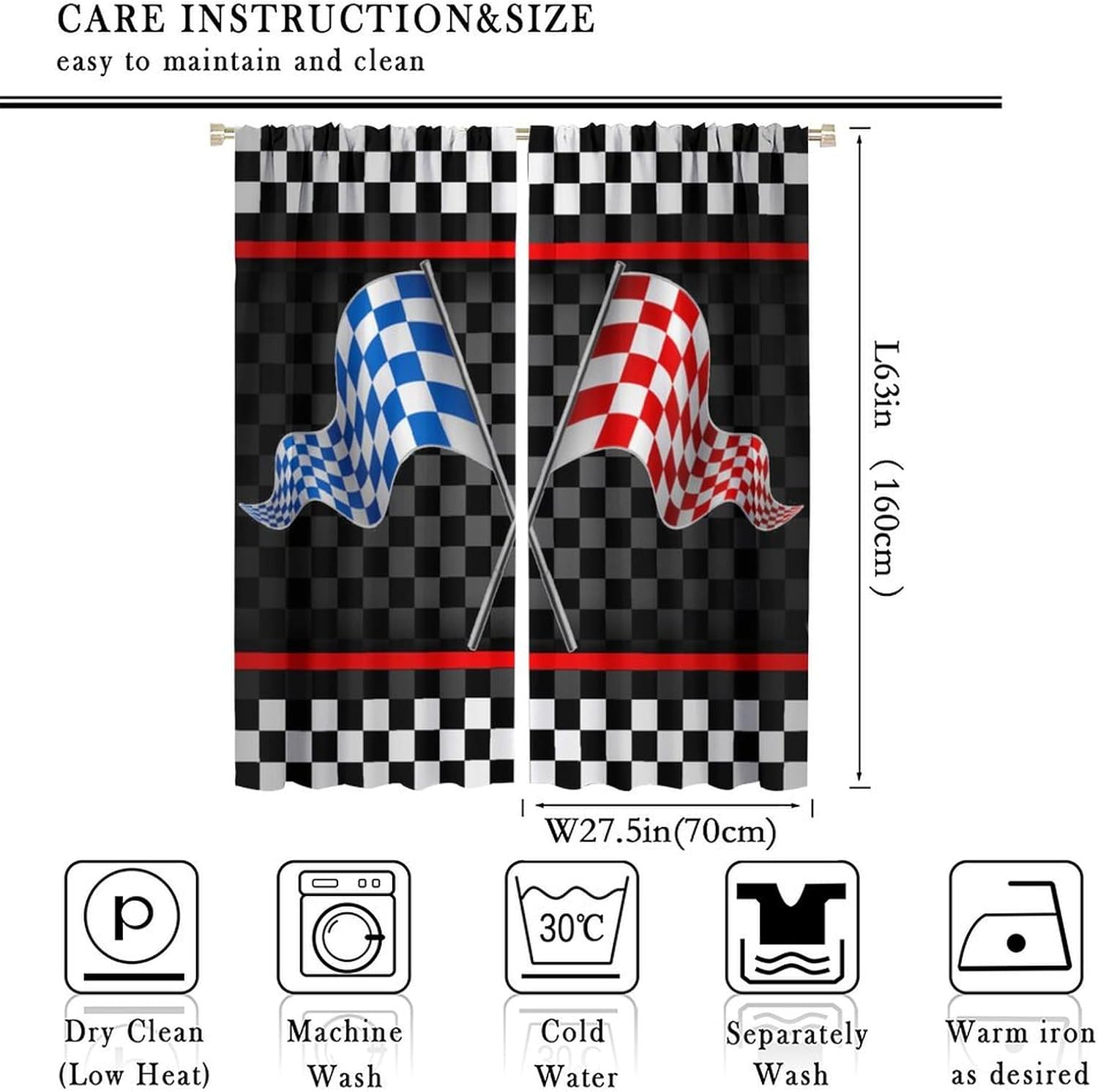 Race Car Flag Kids Curtains Abstract Modern Art Racing Car Blue Red Checked Flag Rod Pocket Blackout Window Drapes for Bedroom Living Room Kitchen Decor W27.5xL63in 2 Panels