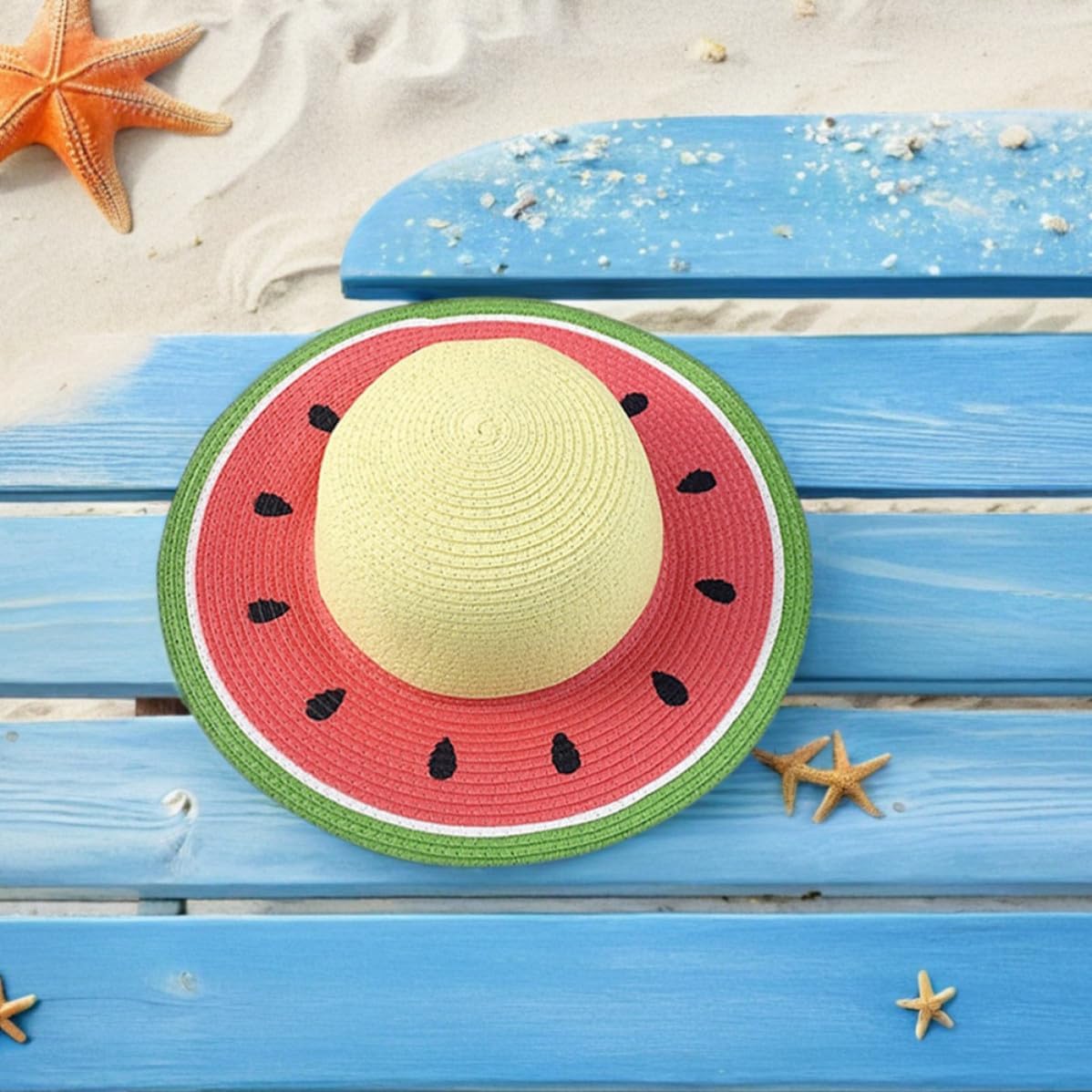 KALLORY Straw Sun Hat Watermelon Pattern Wide Brim Packable Paper Grass Cap Lightweight UV Protection for Summer Outdoor Activities