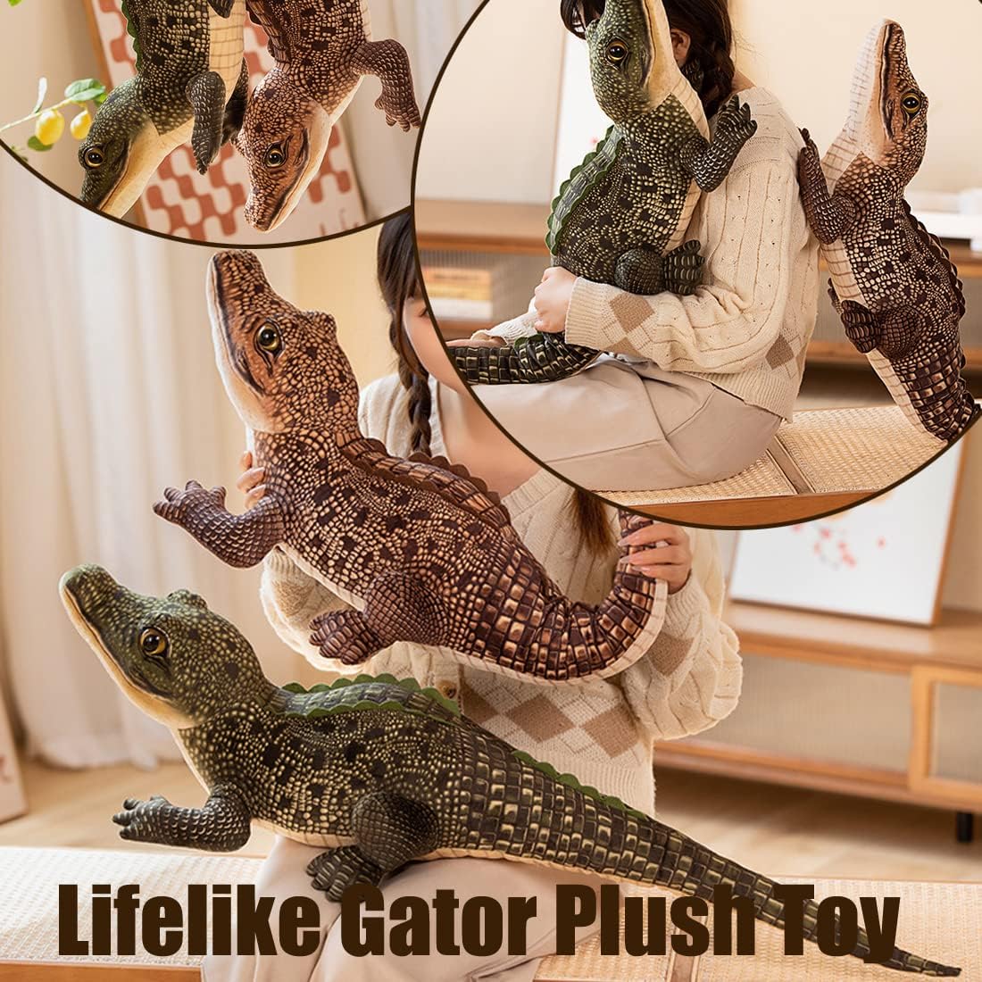 ELAINREN Realistic Brown Crocodile Stuffed Animals Lifelike Alligator Plush Jungle Toy Simulation Gator Plushie Doll Gifts/100cm