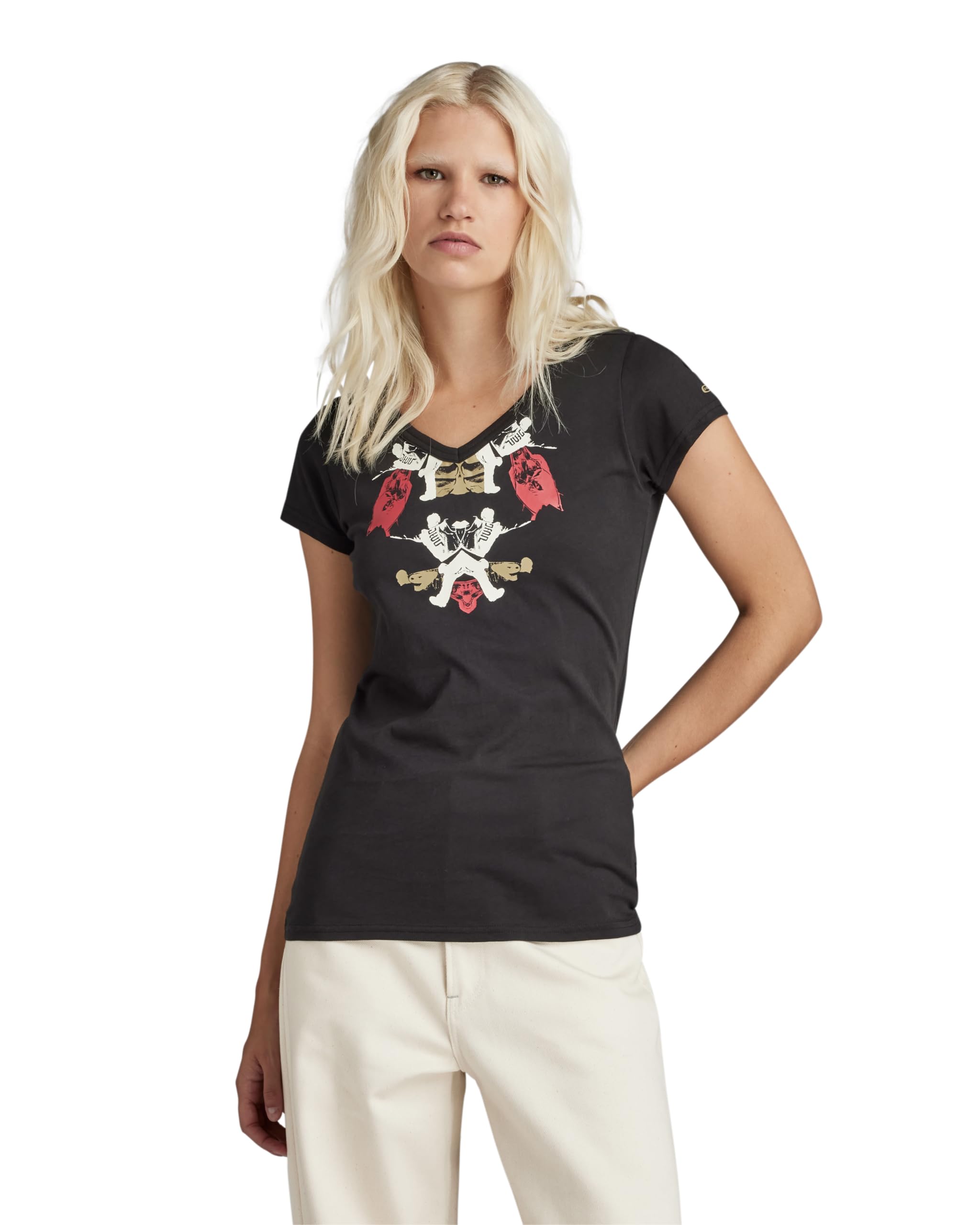 G-Star Women's Look Book Graphic Slim V-Neck Top, Black (dk black D24671-4107-6484), L