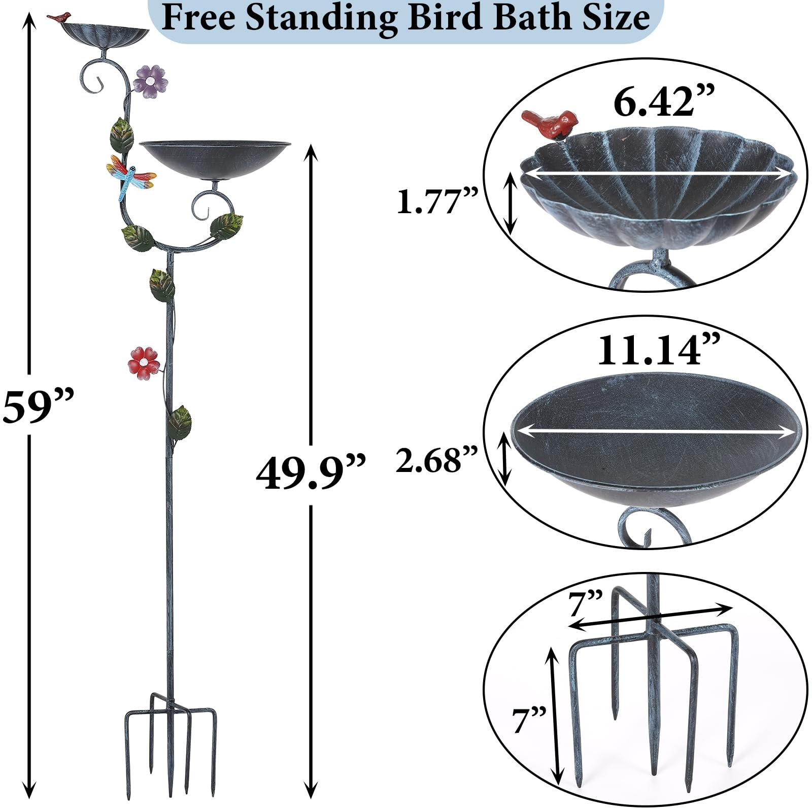 Vogeltränken, 147,3 cm hoch, Vogeltränke und Futterspieß, stehende Vogeltränke für den Außenbereich, dekorative Vogeltränke und Futterspender, Kombination für den Garten, 2-in-1-Vogeltränke