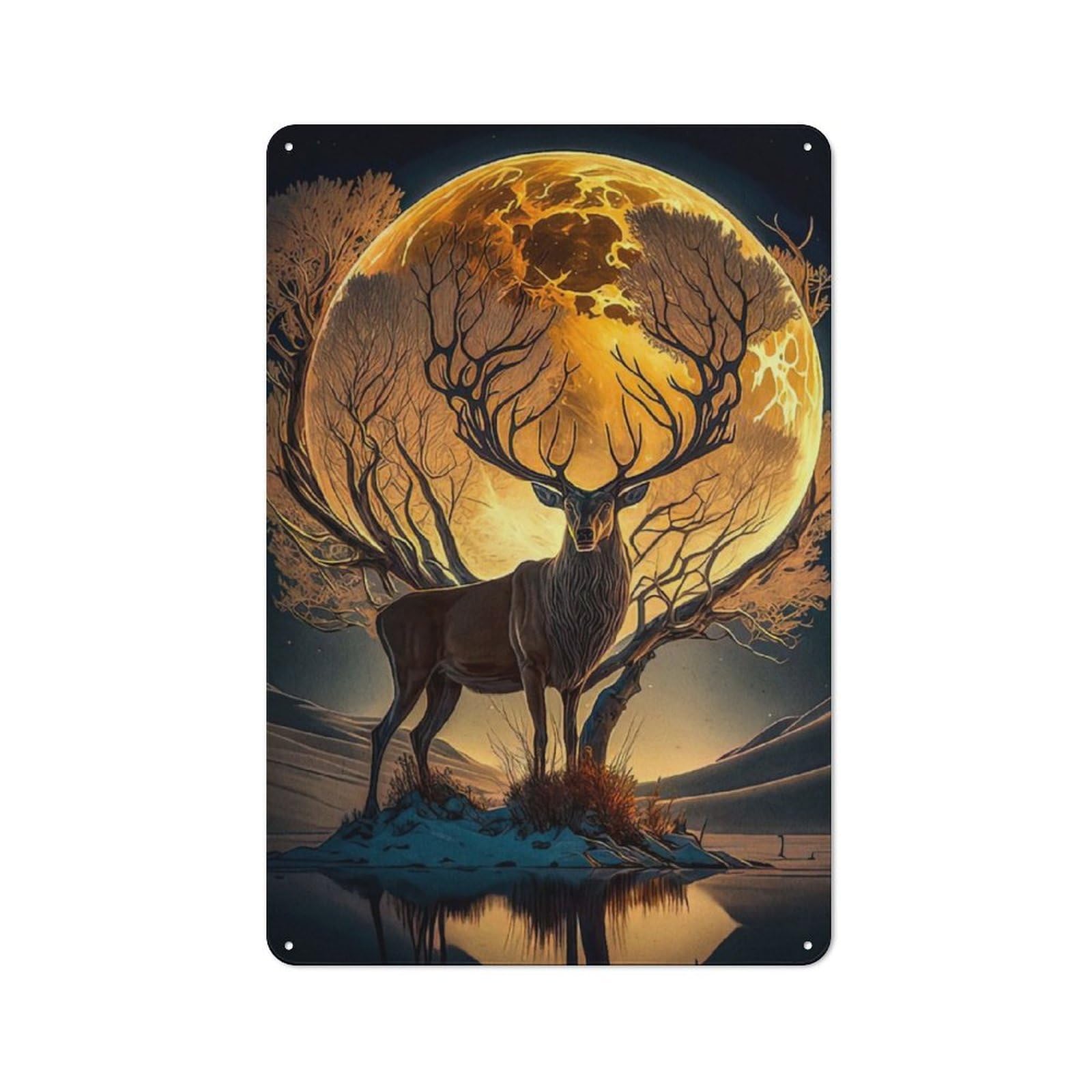 Junmoney Deer Moon Landscape Metal Wall Art Sign With Design 30X20cm, Vintage Vintage Wall Decor For Living Room, Hallway, Kitchen Or Cafe