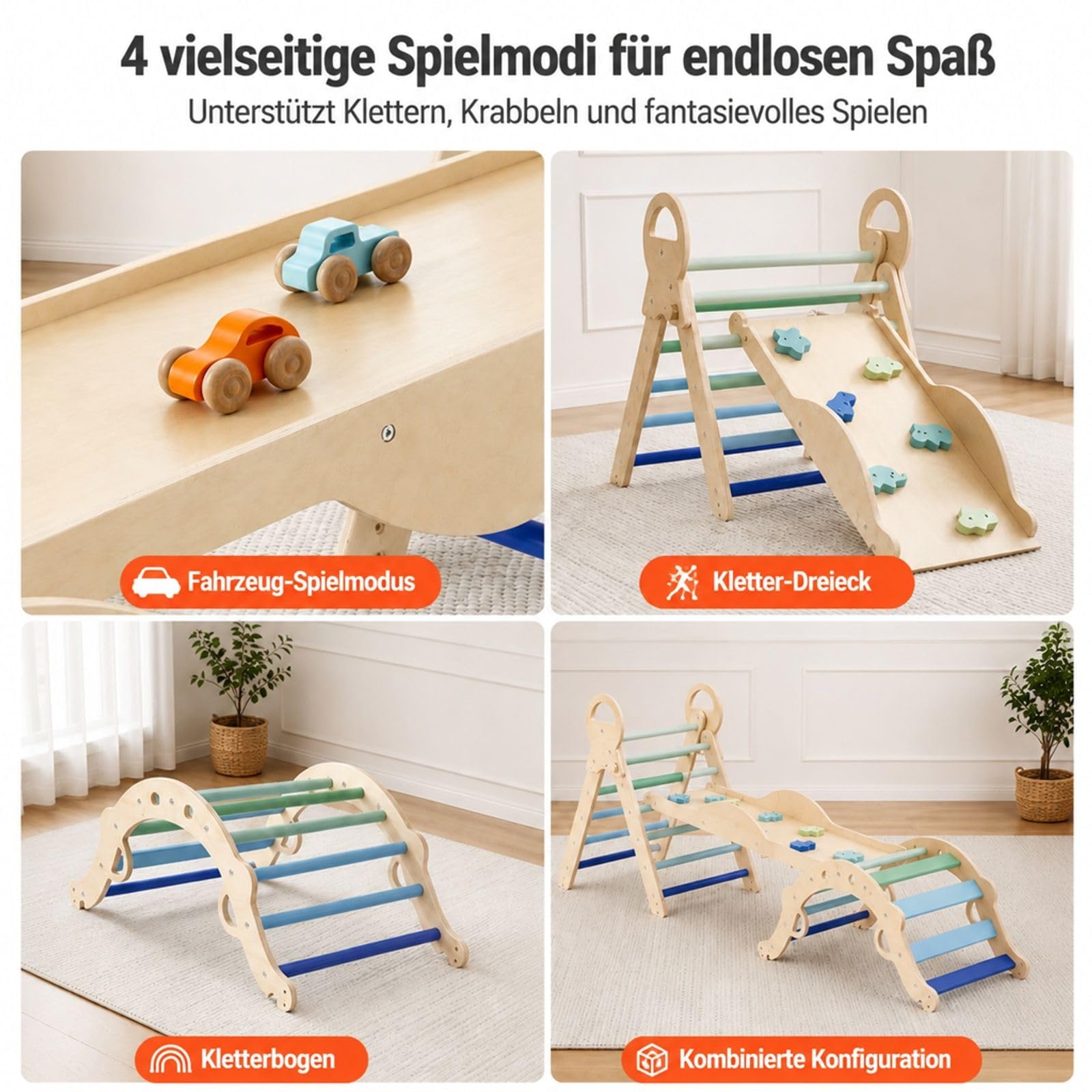 Kletterdreieck, 9-in-1 Kletterspielzeug, mit Holzautos, Kissen, Kletterdreieck, Rutsche & Kletterbogen, bis 68 kg, Montessori Indoor Spielset für Kinder im Alter von 1 bis 3 Jahren, Blau