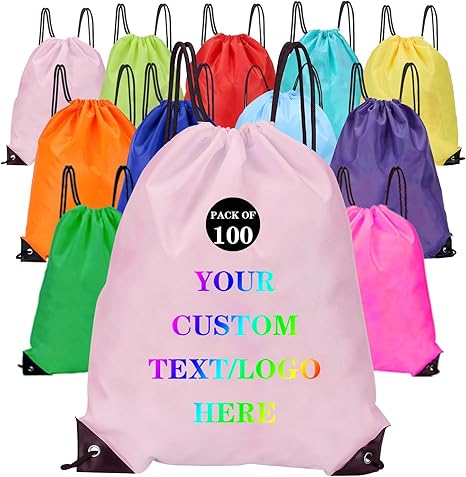 Custom Bags With Your Logo Set of 100 Custom Backpack Draw String Bags Pack Bulk for Travelling Swimming Gym Everyday Use (Pink)
