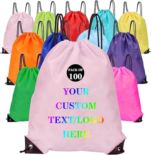 Custom Bags With Your Logo Set of 100 Custom Backpack Draw String Bags Pack Bulk for Travelling Swimming Gym Everyday Use (Pink)