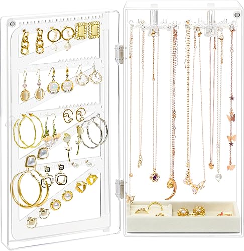 Miniatura 6 de Caja organizadora de joyas de acrílico, soporte transparente para aretes, cajas colgantes con 4 cajones de terciopelo y caja organizadora de joyas